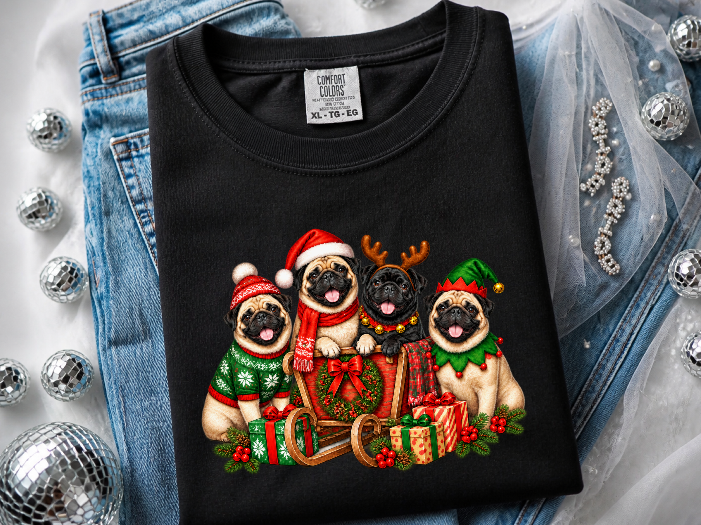 Christmas Pugs Sleigh Group