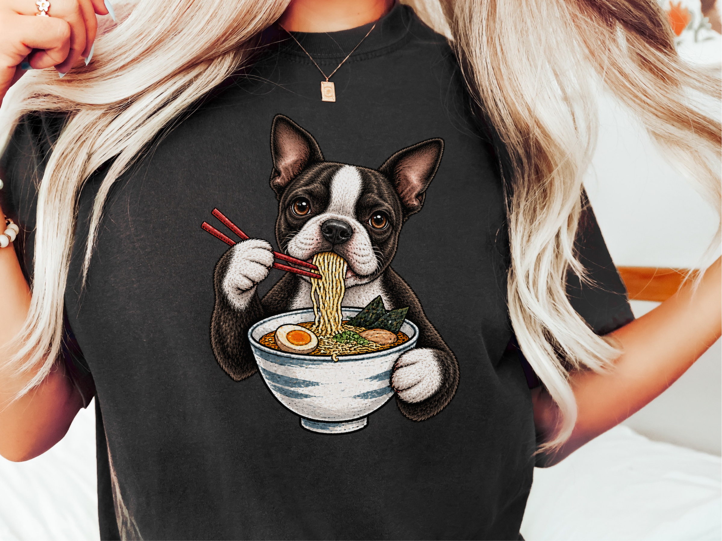 Boston Terrier Eating Ramen doodle dog shirt - photo 1