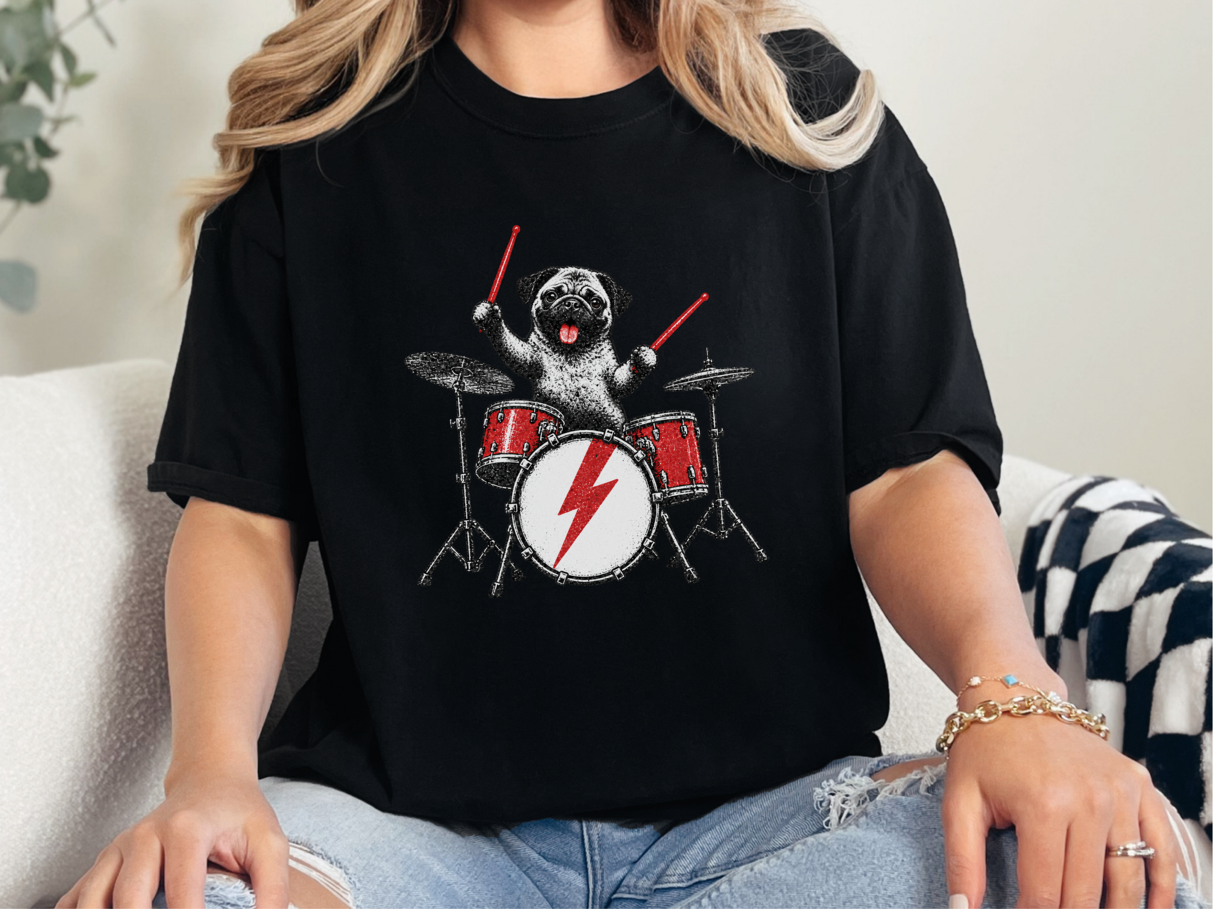Rockstar Pug Drummer doodle dog shirt - photo 1