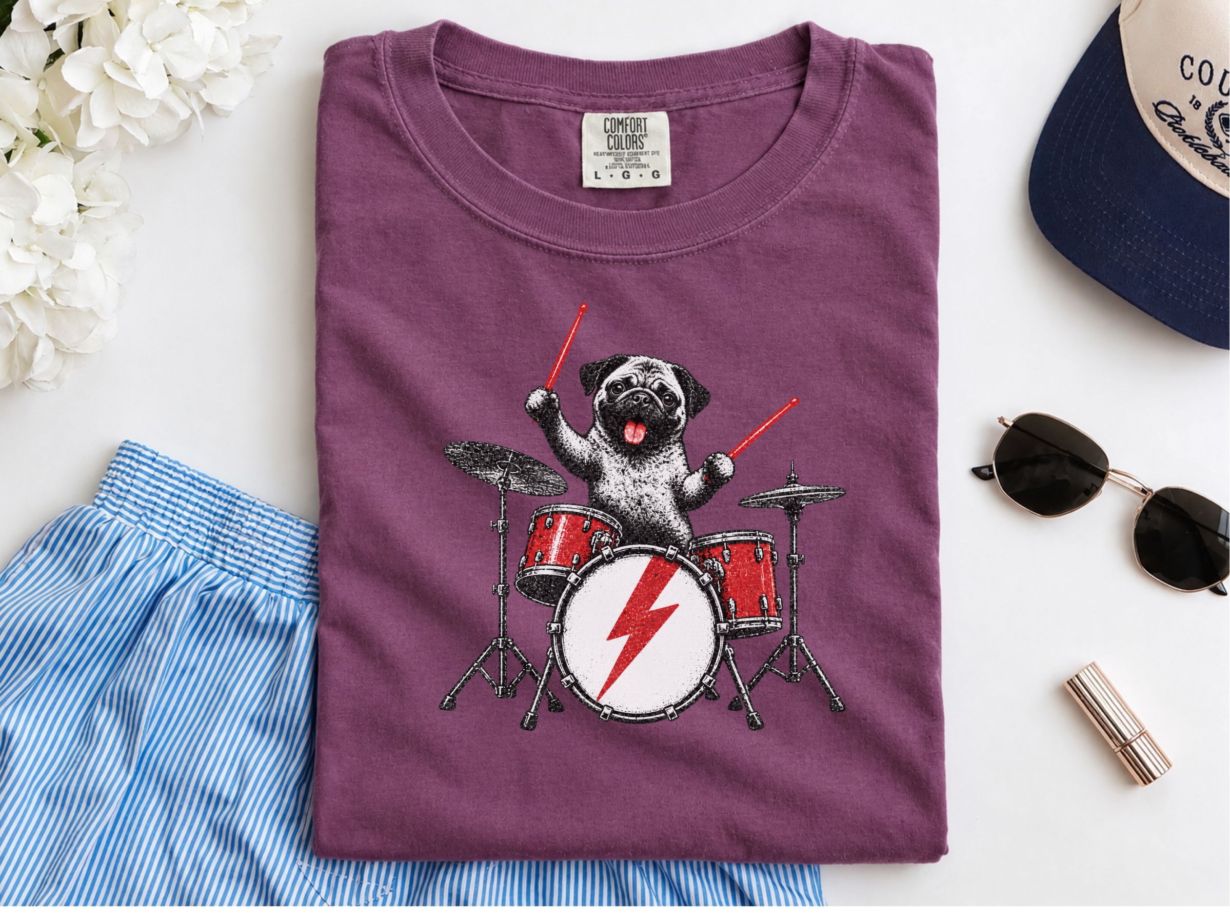 Rockstar Pug Drummer doodle dog shirt - photo 5