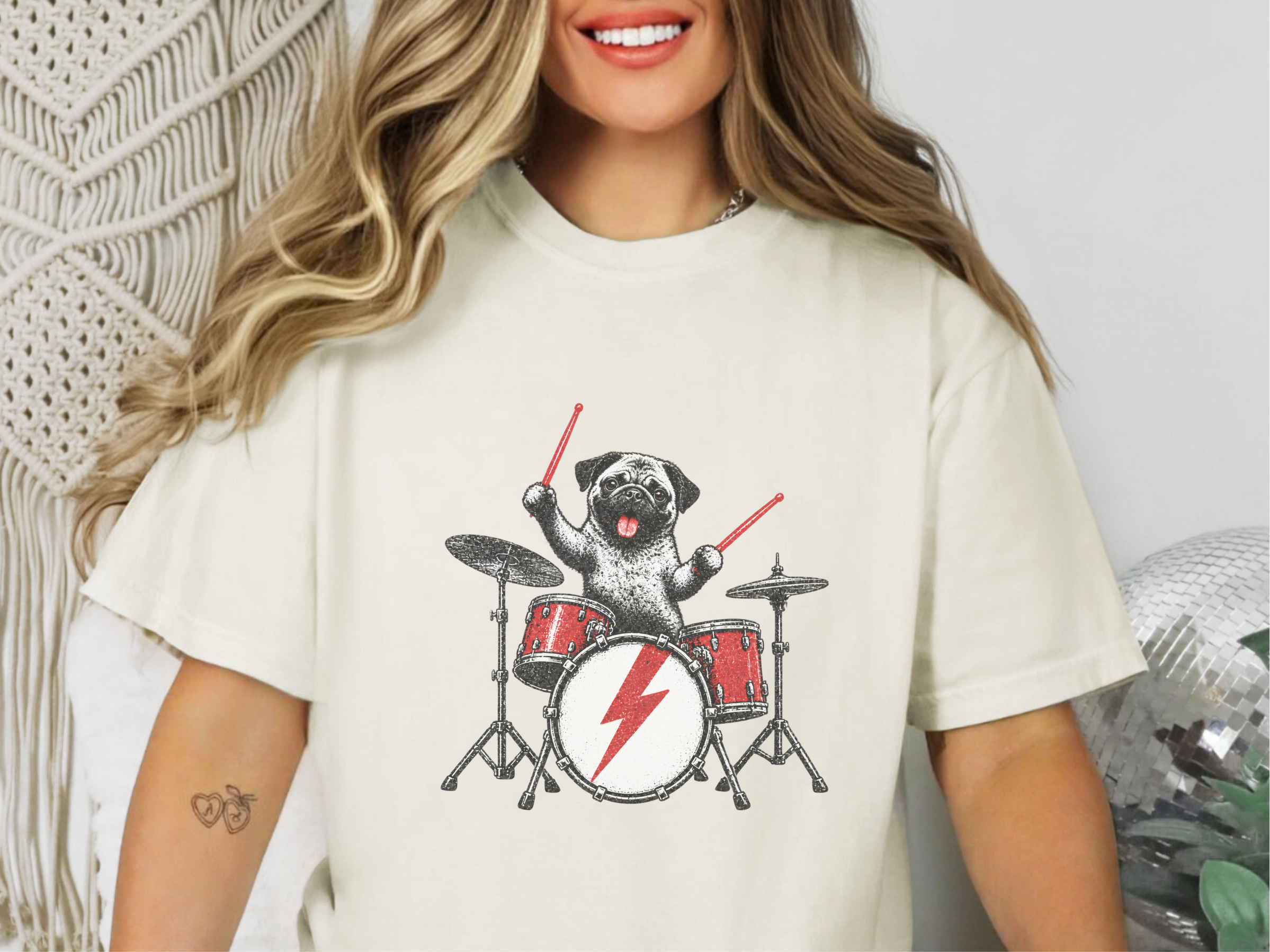 Rockstar Pug Drummer doodle dog shirt - photo 8