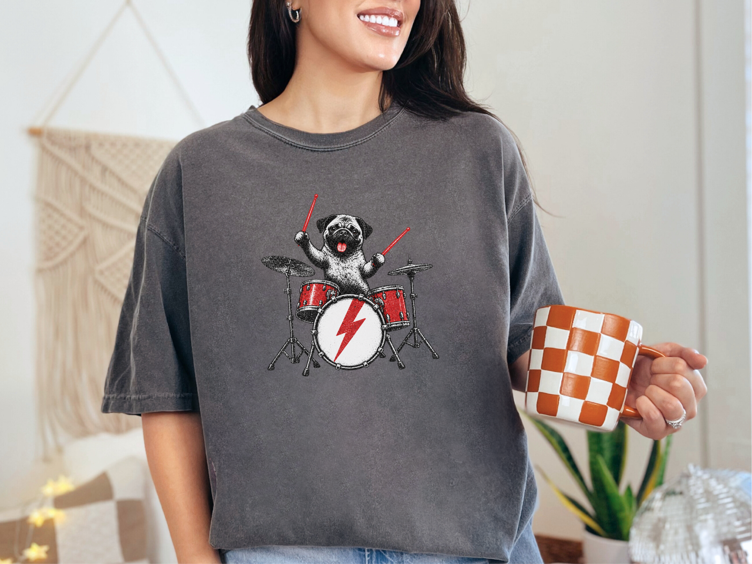Rockstar Pug Drummer doodle dog shirt - photo 2