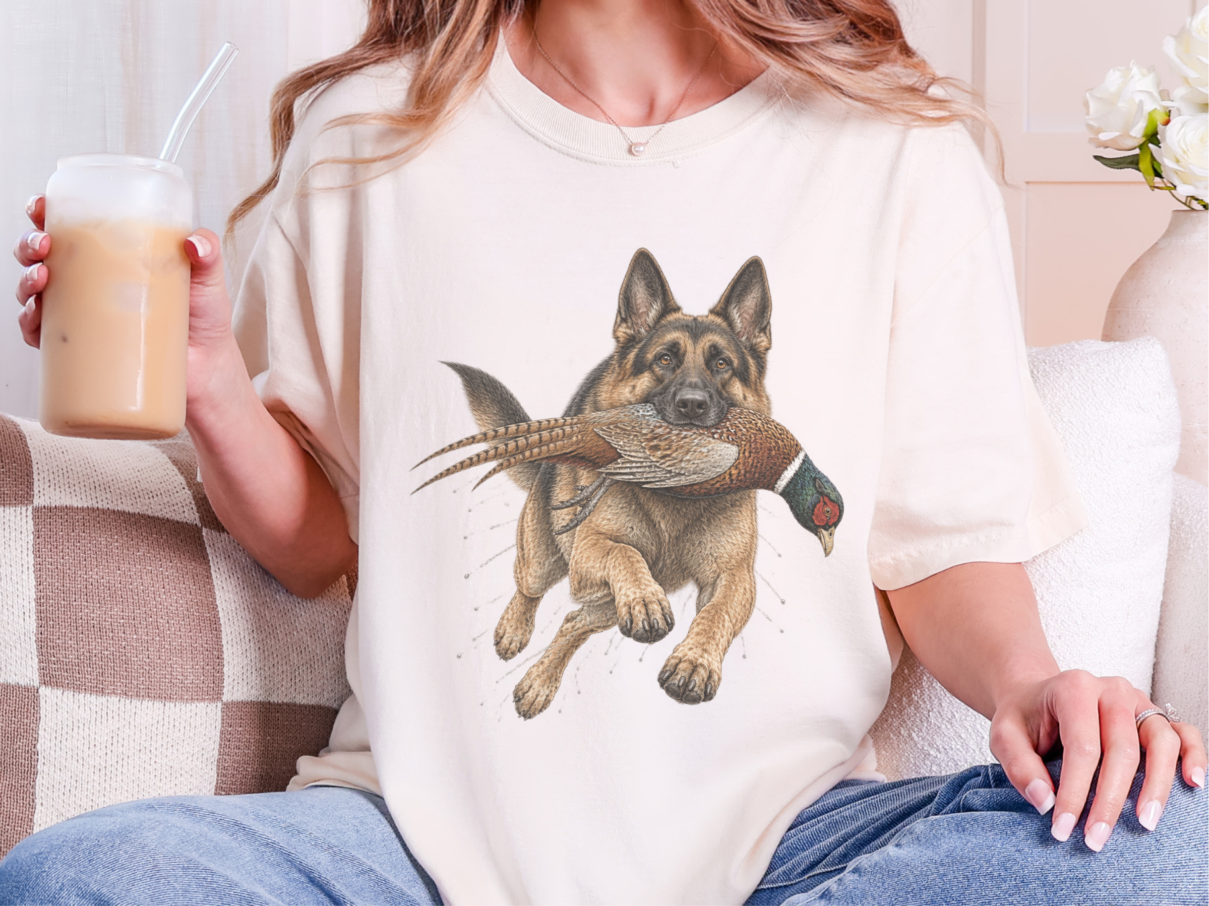 German Shepherd Retrieving Pheasant doodle dog shirt - photo 8