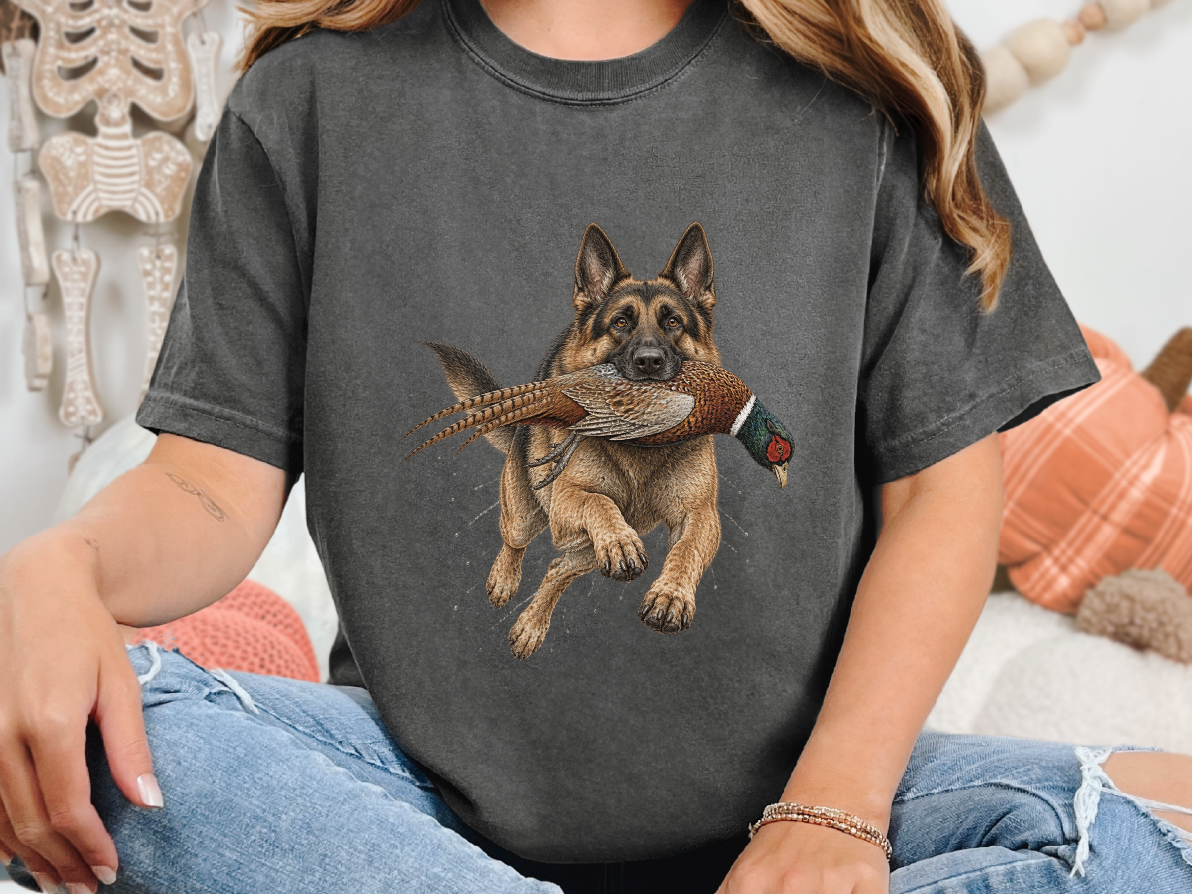 German Shepherd Retrieving Pheasant doodle dog shirt - photo 3