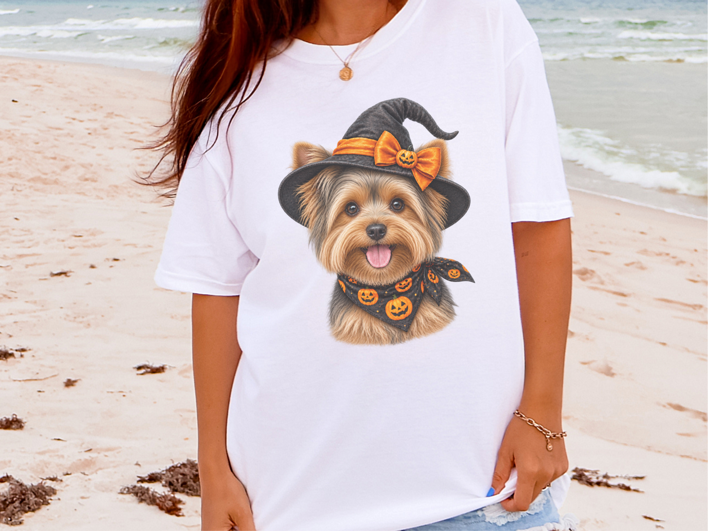 Yorkie Witch Pumpkin Portrait doodle dog shirt - photo 4