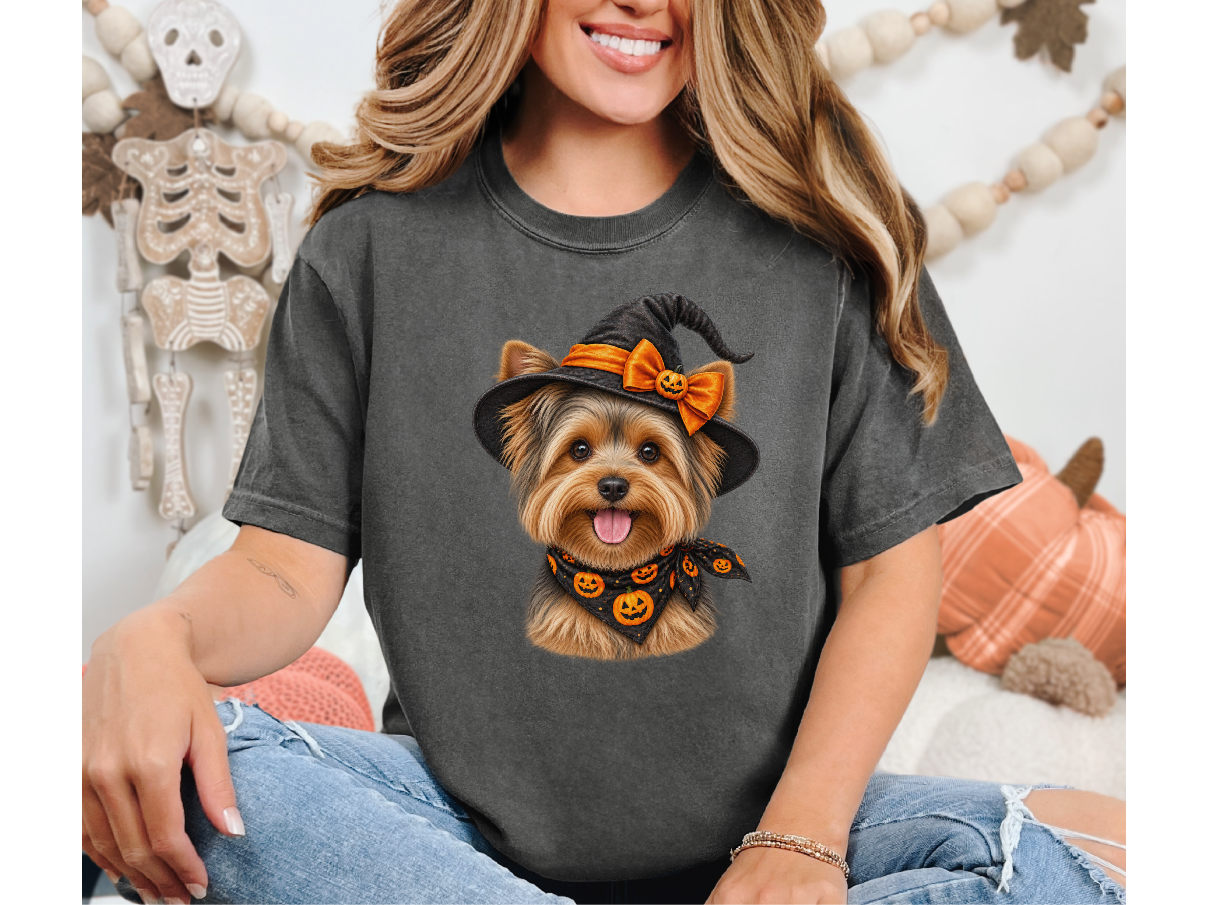 Yorkie Witch Pumpkin Portrait doodle dog shirt - photo 7