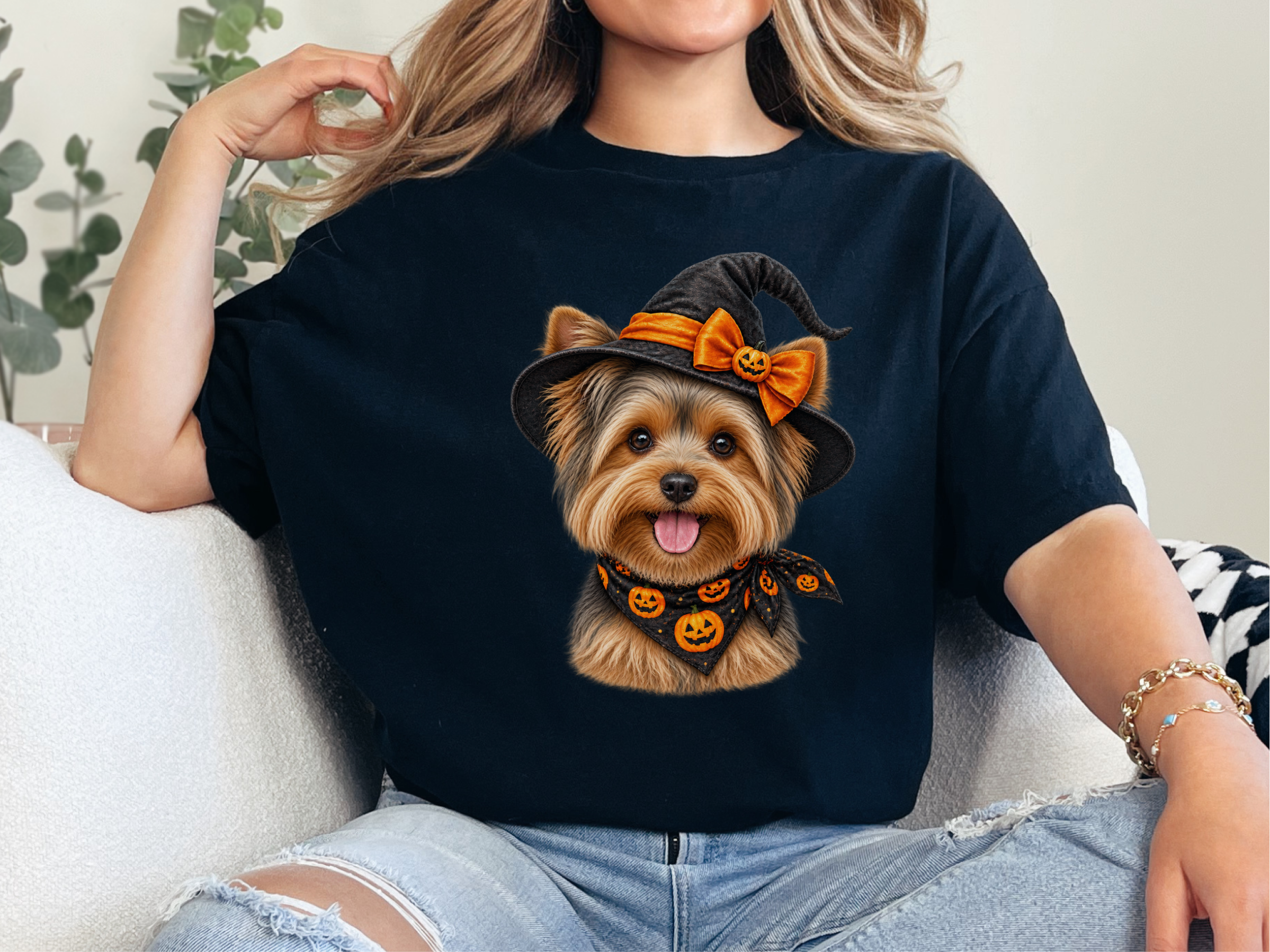 Yorkie Witch Pumpkin Portrait doodle dog shirt - photo 6