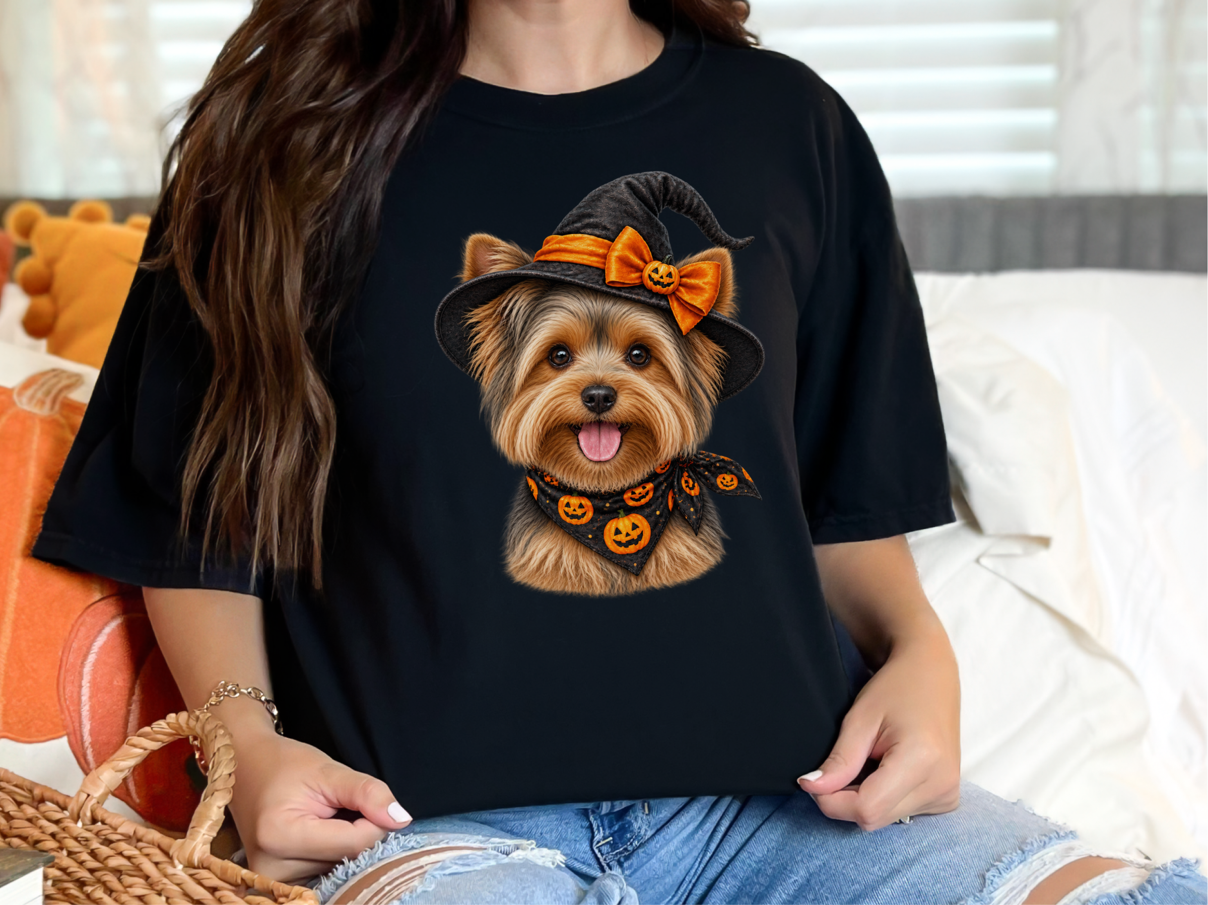 Yorkie Witch Pumpkin Portrait doodle dog shirt - photo 5