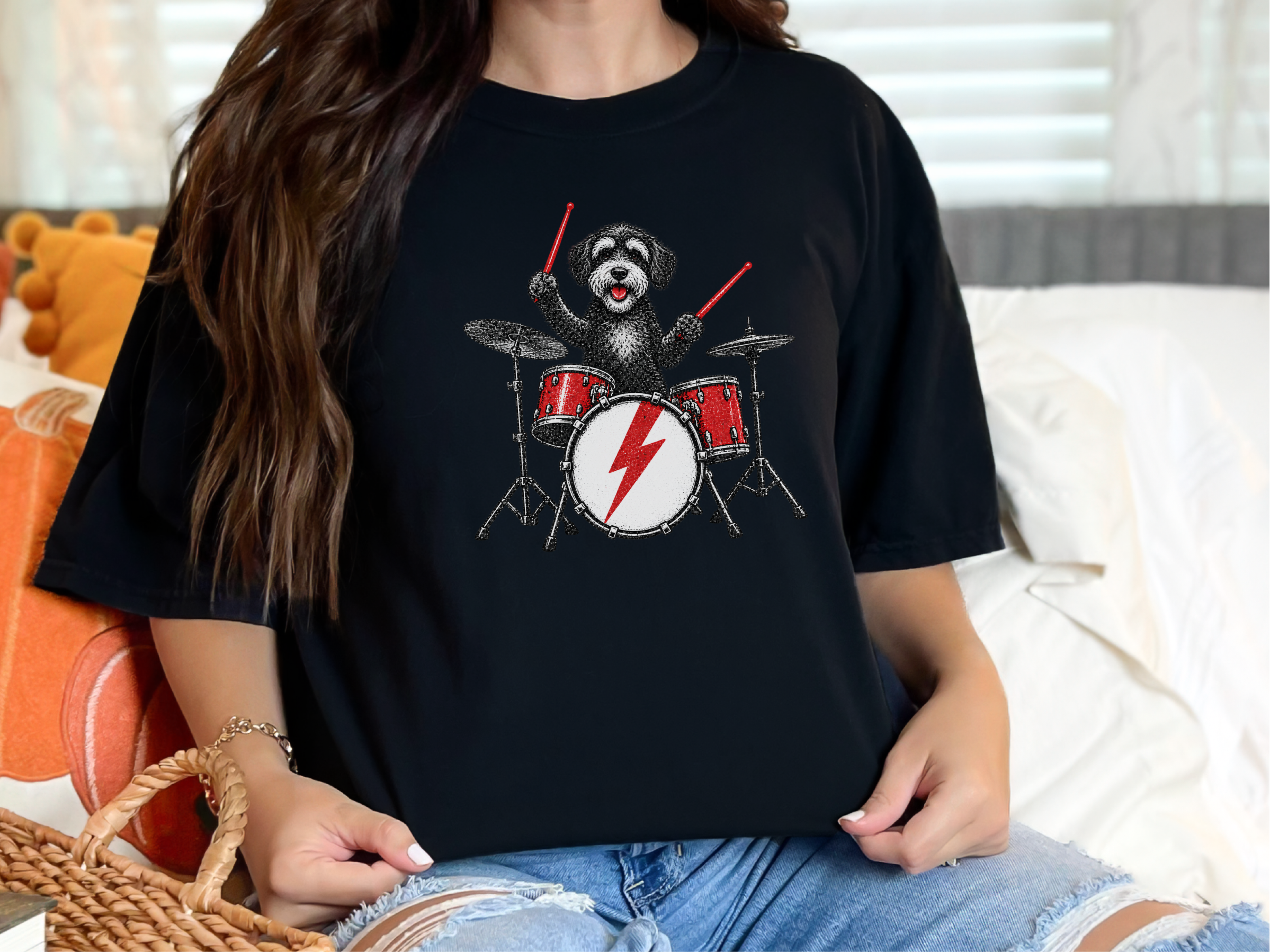Schnoodle Playing Drums Rocker Art doodle dog shirt - photo 4