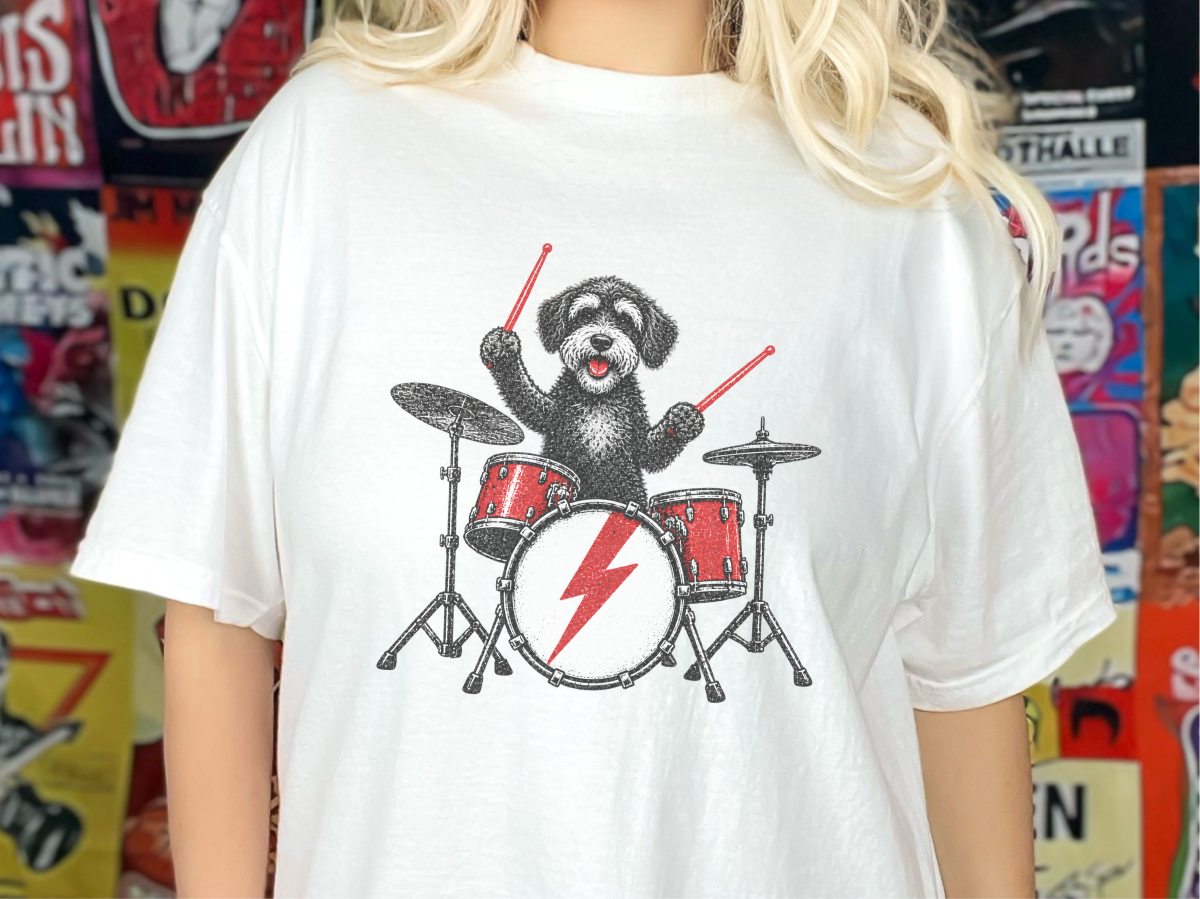 Schnoodle Playing Drums Rocker Art doodle dog shirt - photo 3