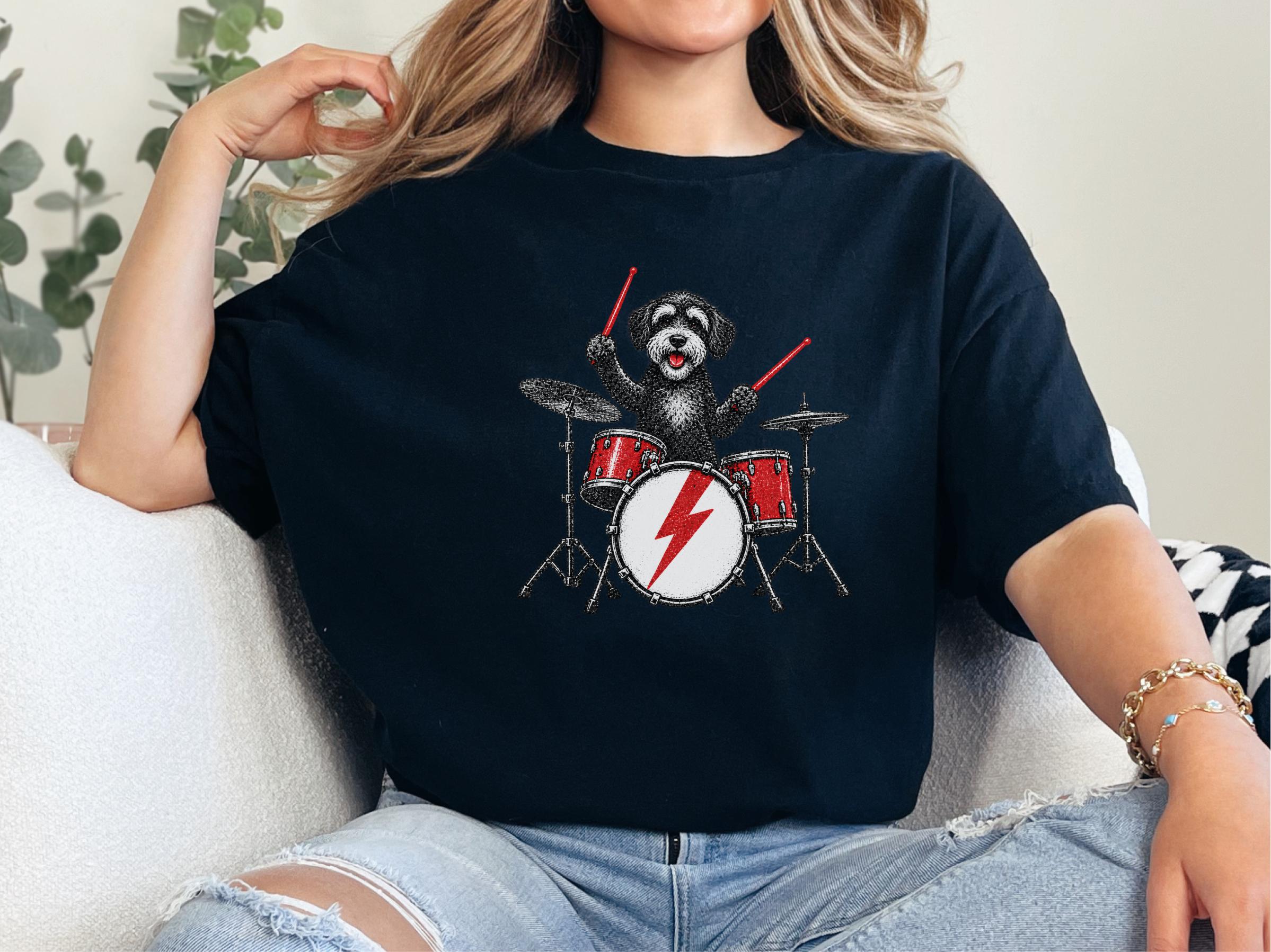 Schnoodle Playing Drums Rocker Art doodle dog shirt - photo 6