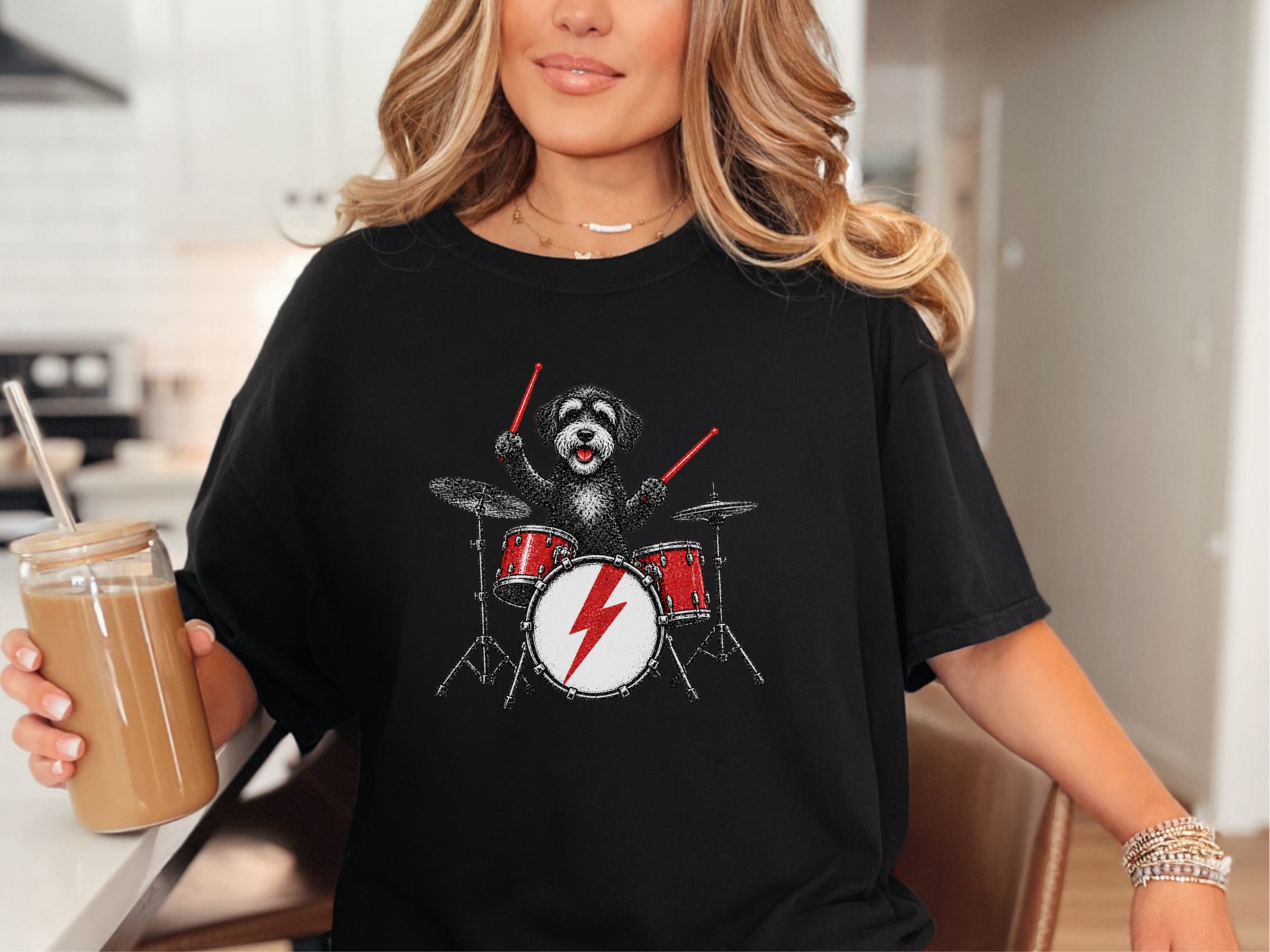Schnoodle Playing Drums Rocker Art doodle dog shirt - photo 5