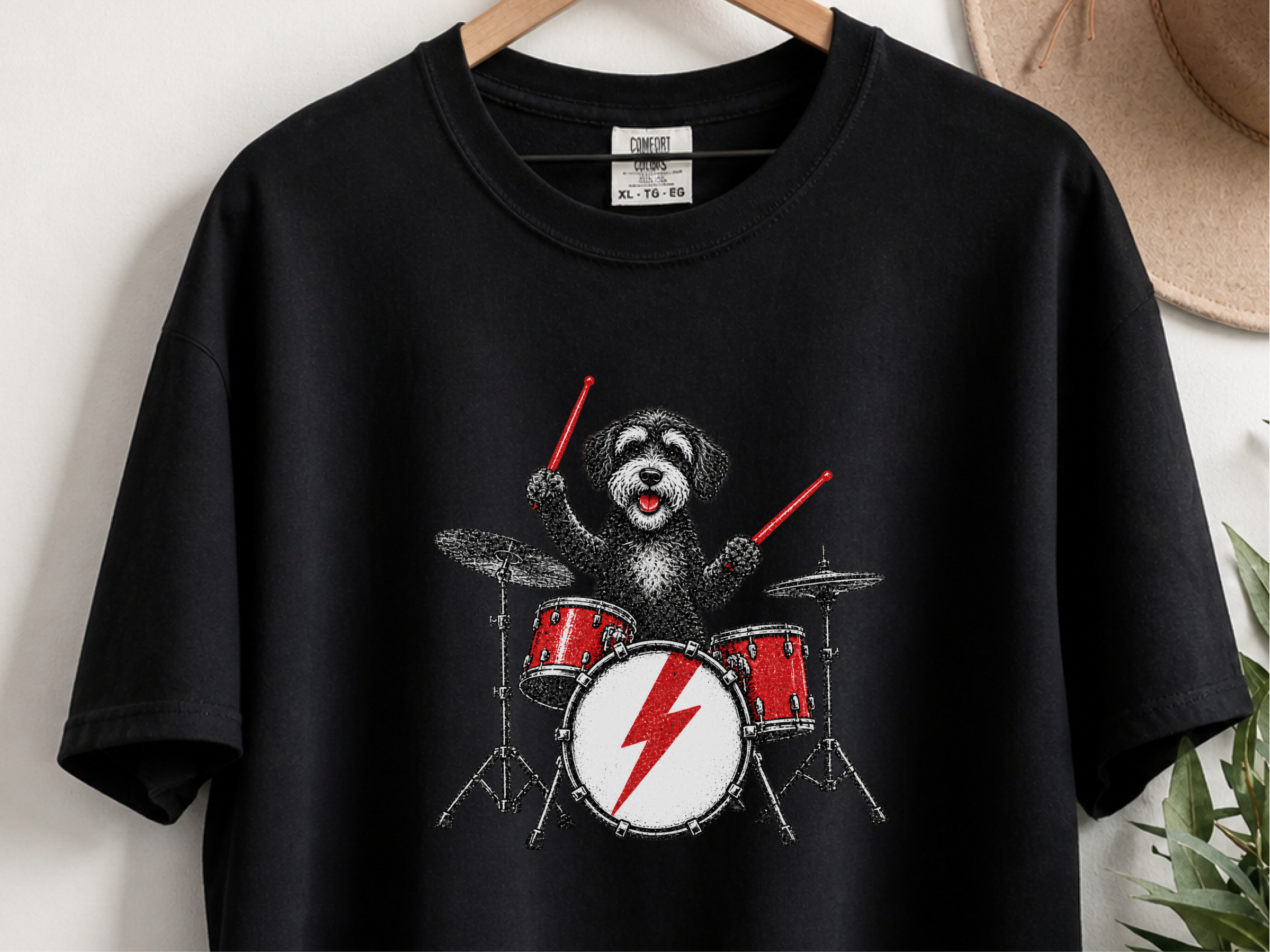 Schnoodle Playing Drums Rocker Art doodle dog shirt - photo 7