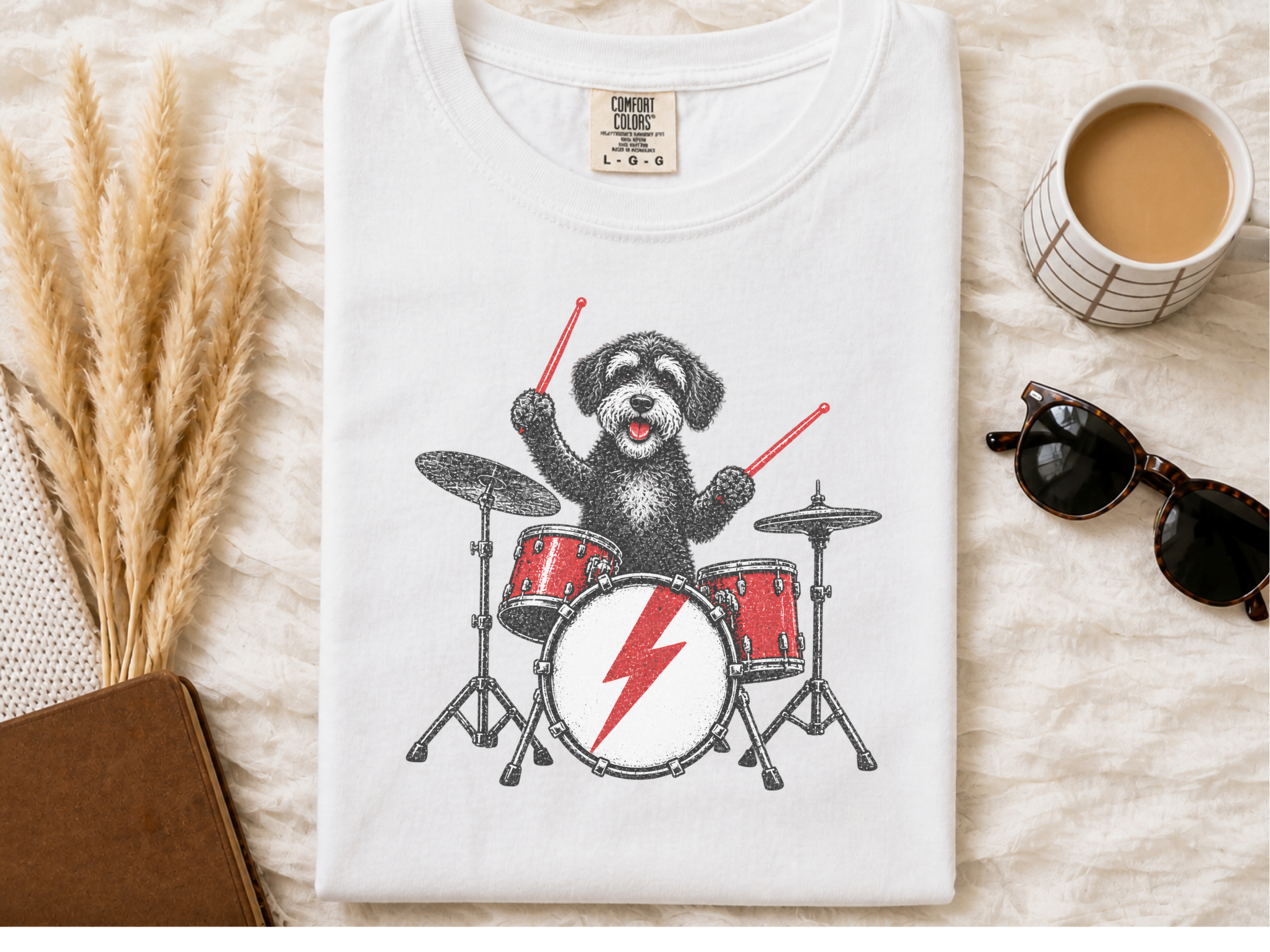 Schnoodle Playing Drums Rocker Art doodle dog shirt - photo 2
