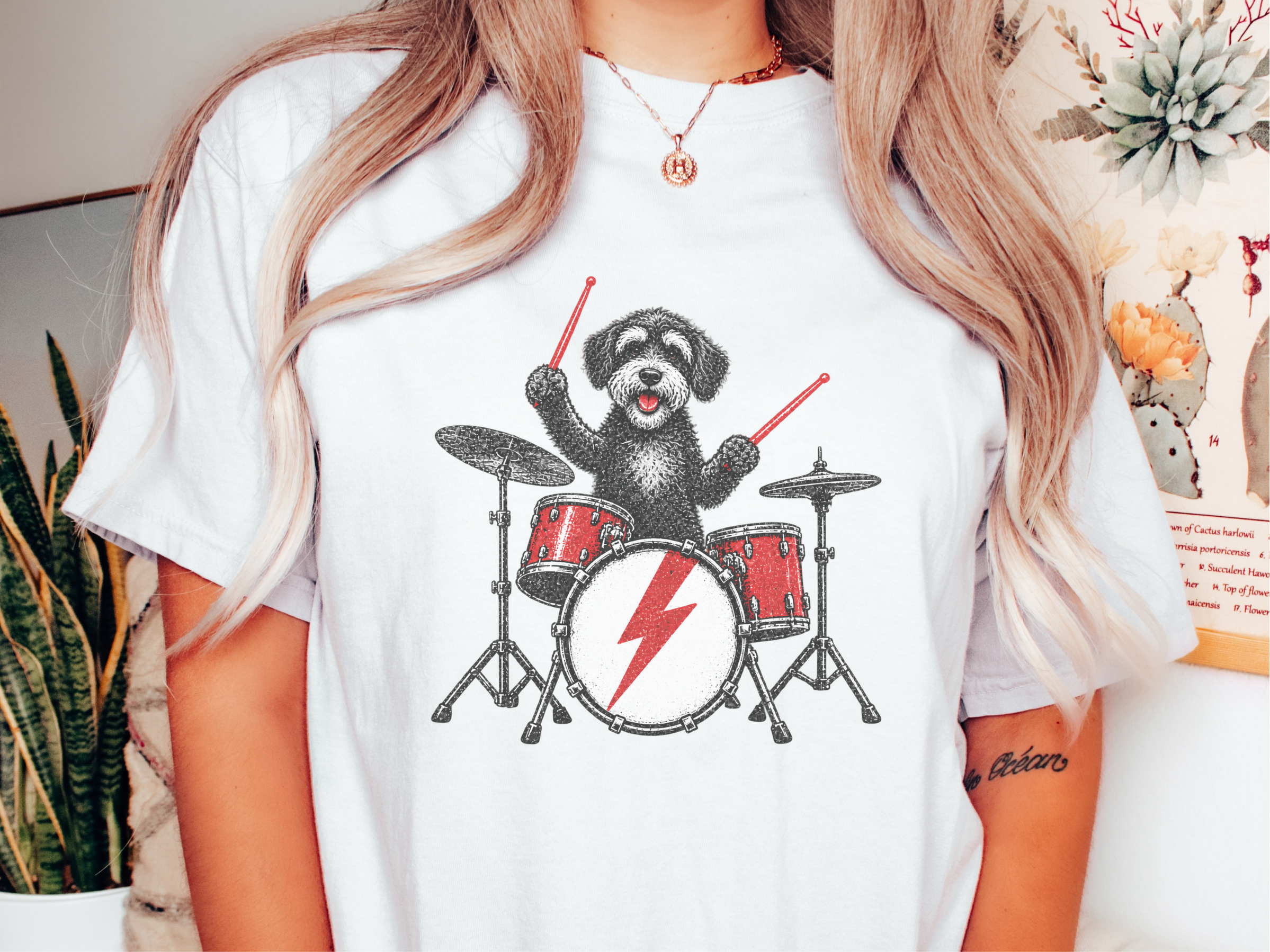 Schnoodle Playing Drums Rocker Art doodle dog shirt - photo 1