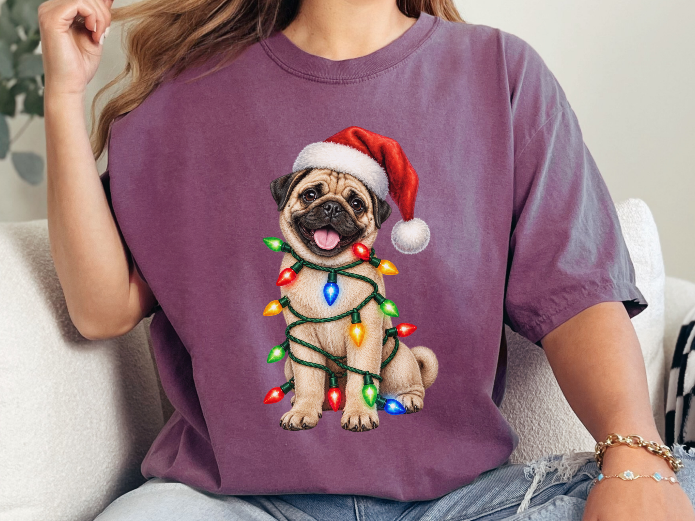 Christmas Pug Wrapped In Lights doodle dog shirt - photo 6