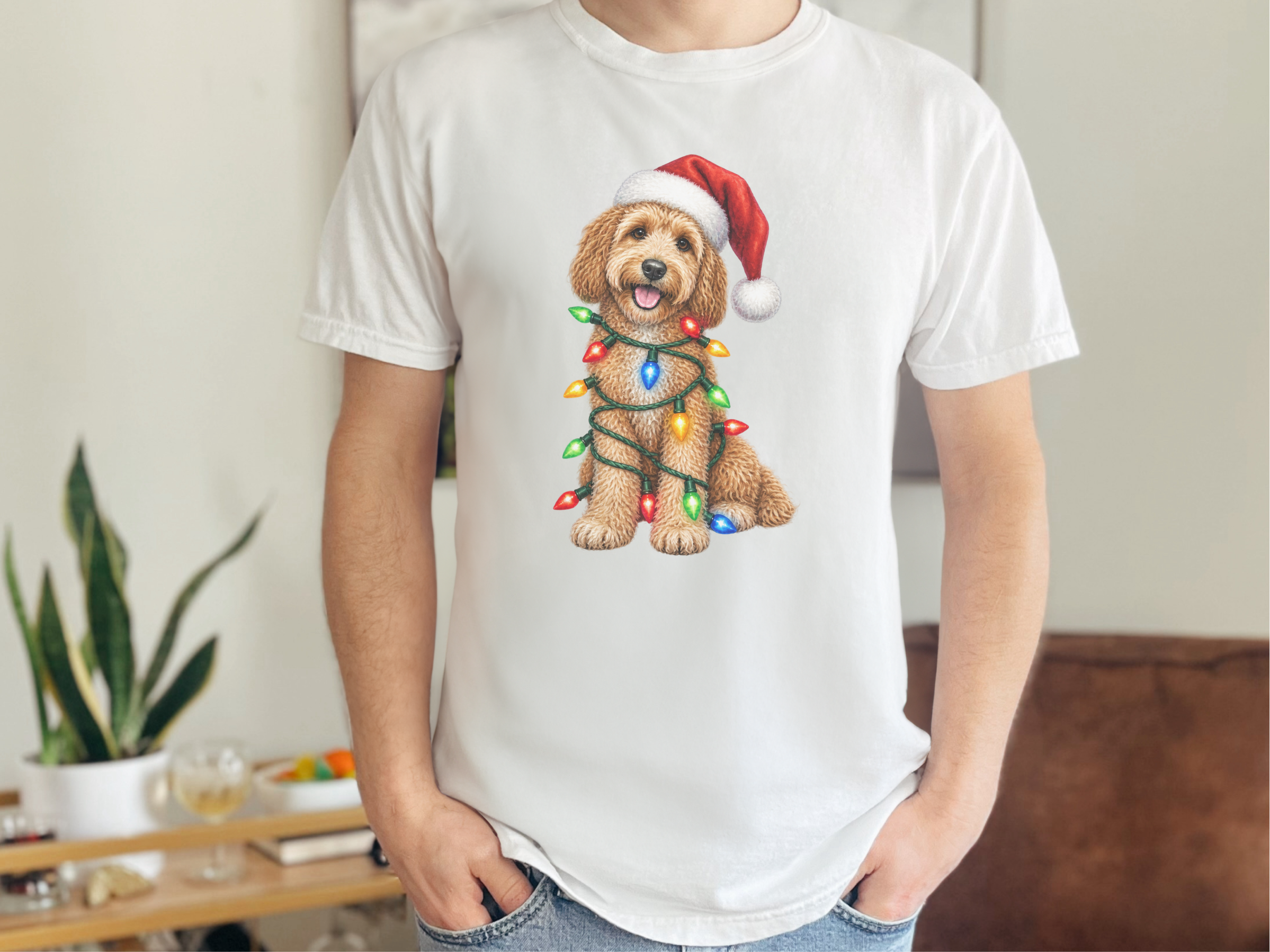 Cockapoo Santa Christmas Lights doodle dog shirt - photo 2