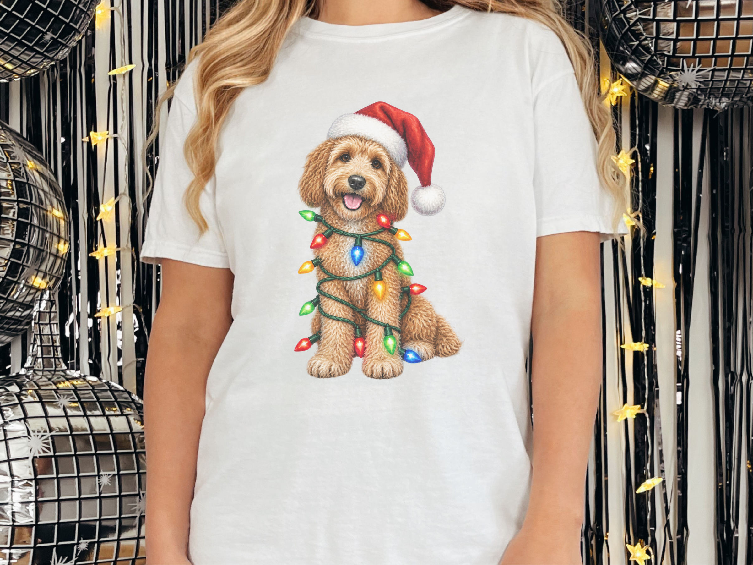 Cockapoo Santa Christmas Lights doodle dog shirt - photo 1