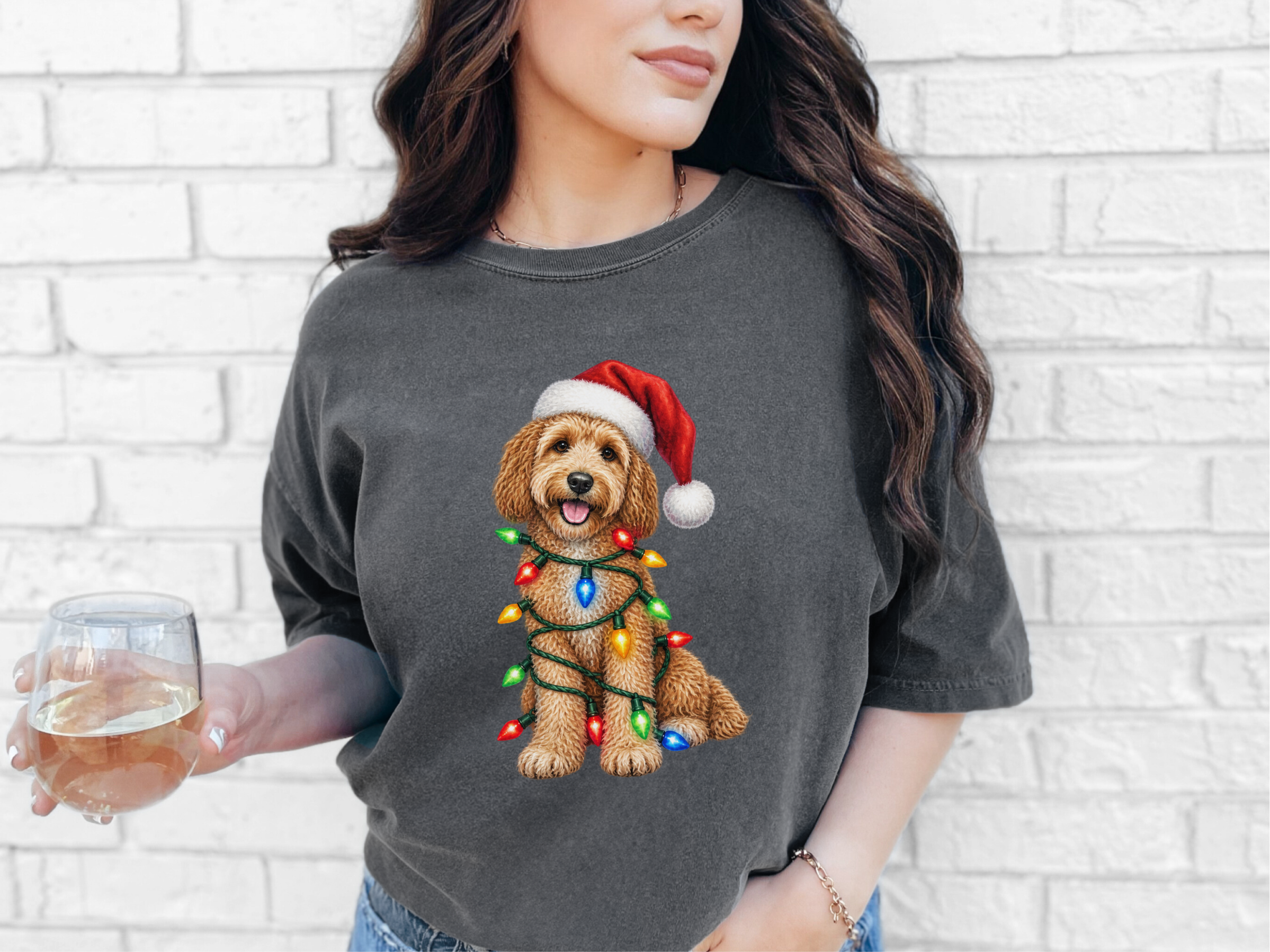 Cockapoo Santa Christmas Lights doodle dog shirt - photo 5