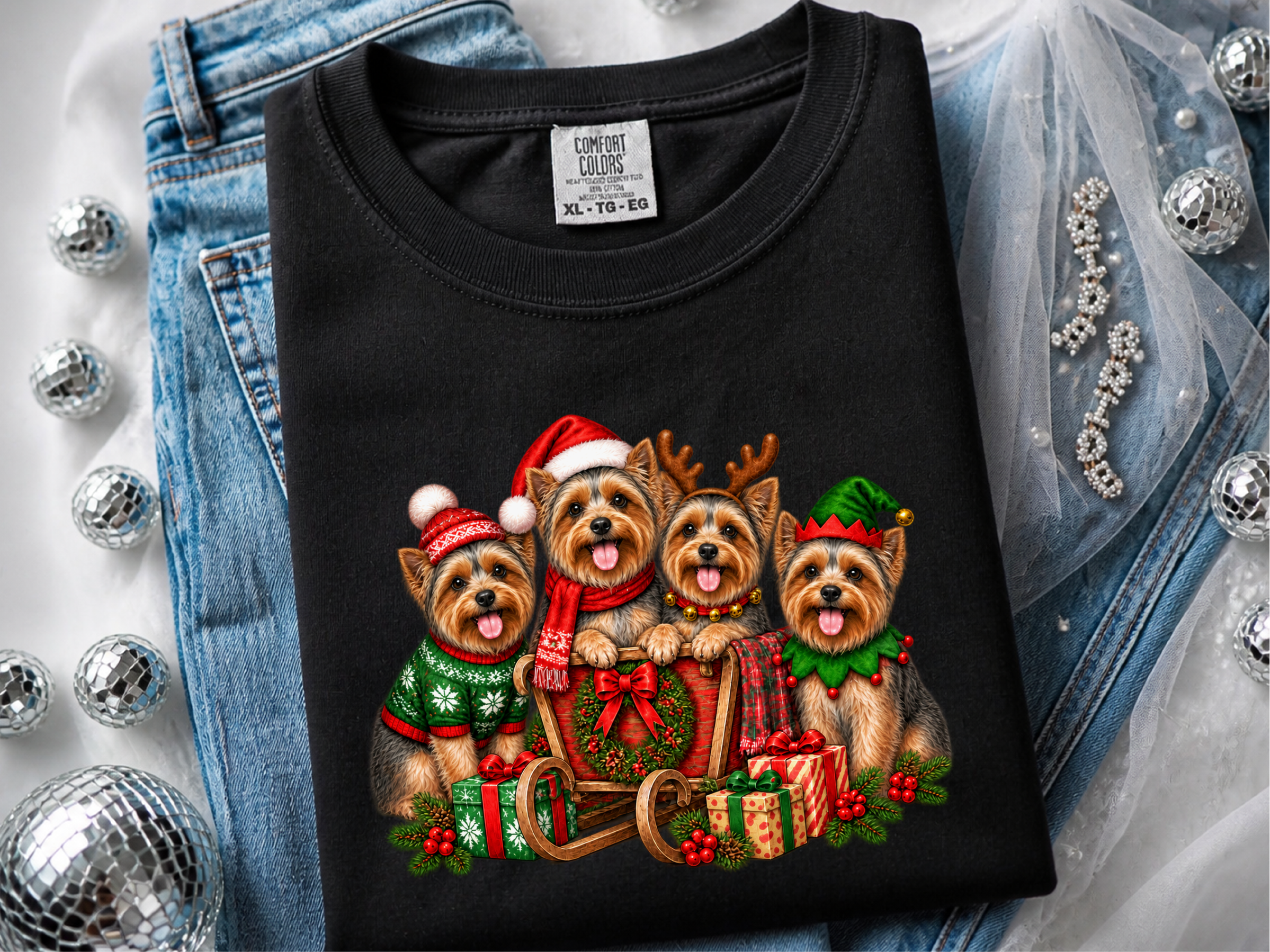 Yorkie Christmas Sleigh Group