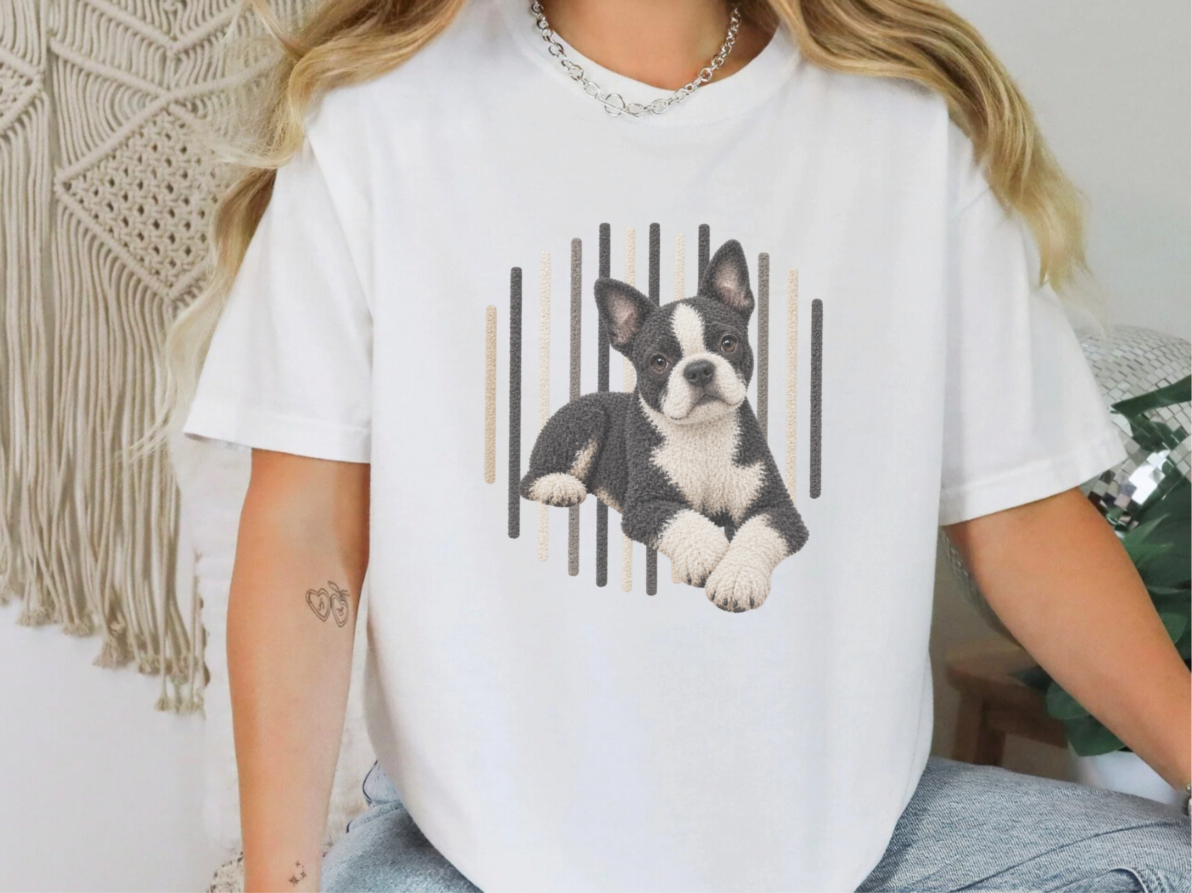 Boston Terrier Vertical Lines Art doodle dog shirt - photo 4