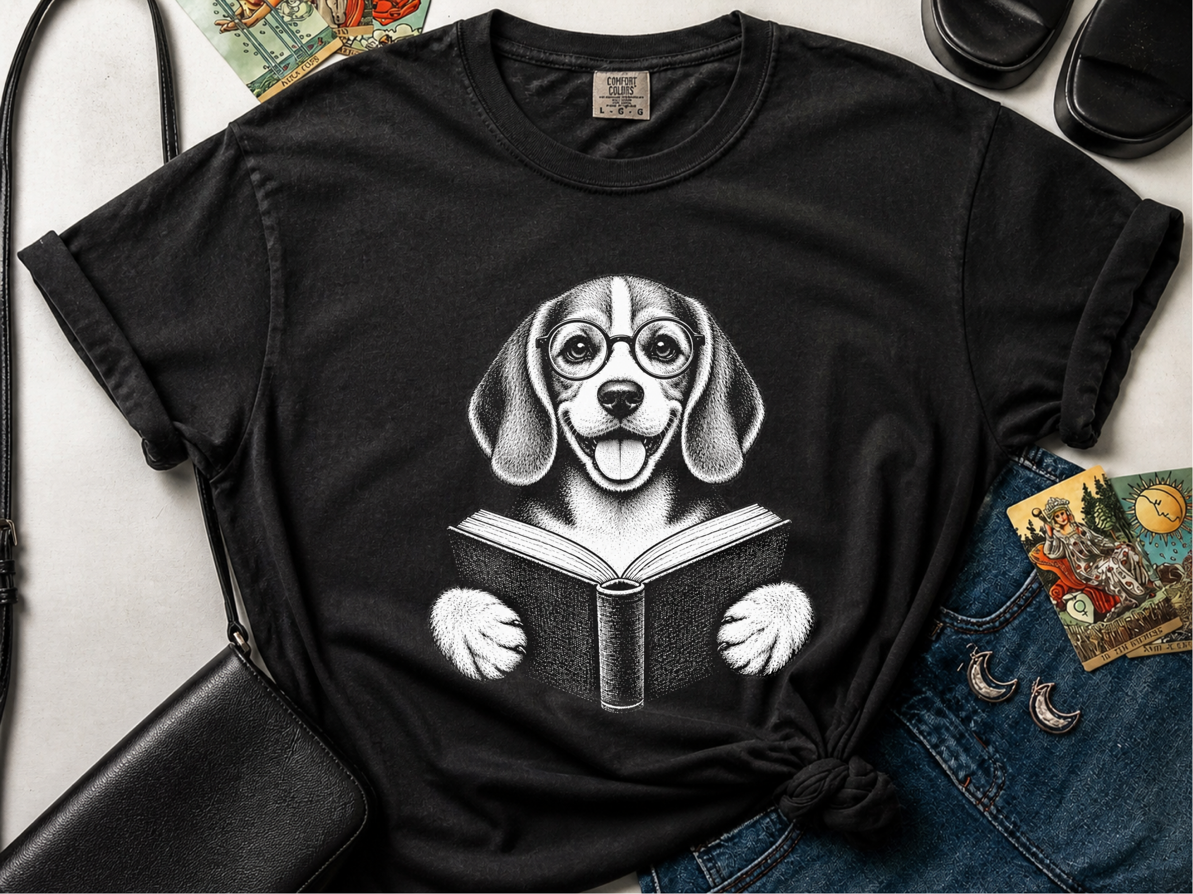 Reading Beagle Round Glasses doodle dog shirt - photo 3