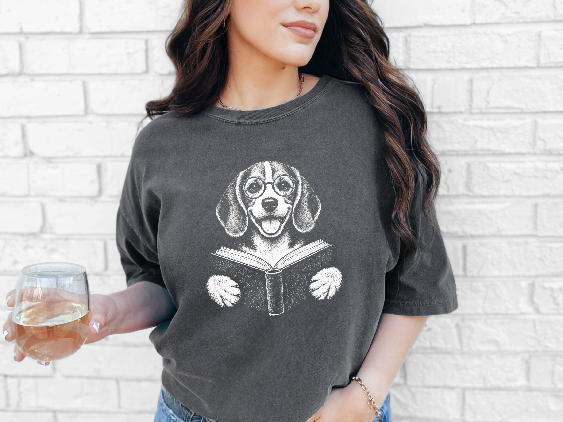 Reading Beagle Round Glasses doodle dog shirt - photo 4