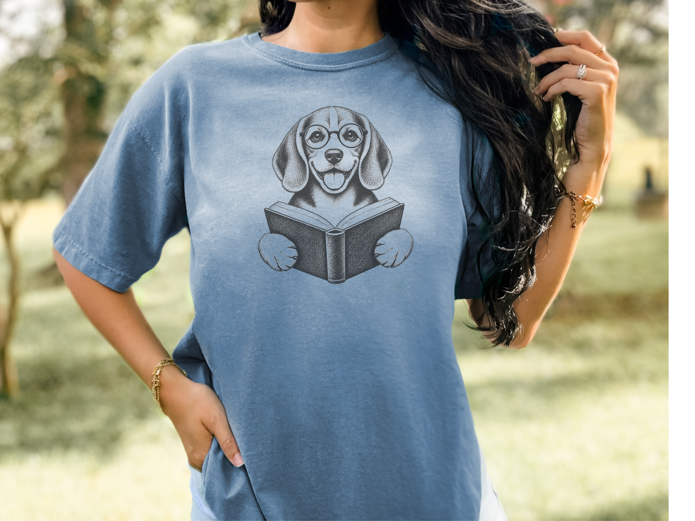 Reading Beagle Round Glasses doodle dog shirt - photo 6