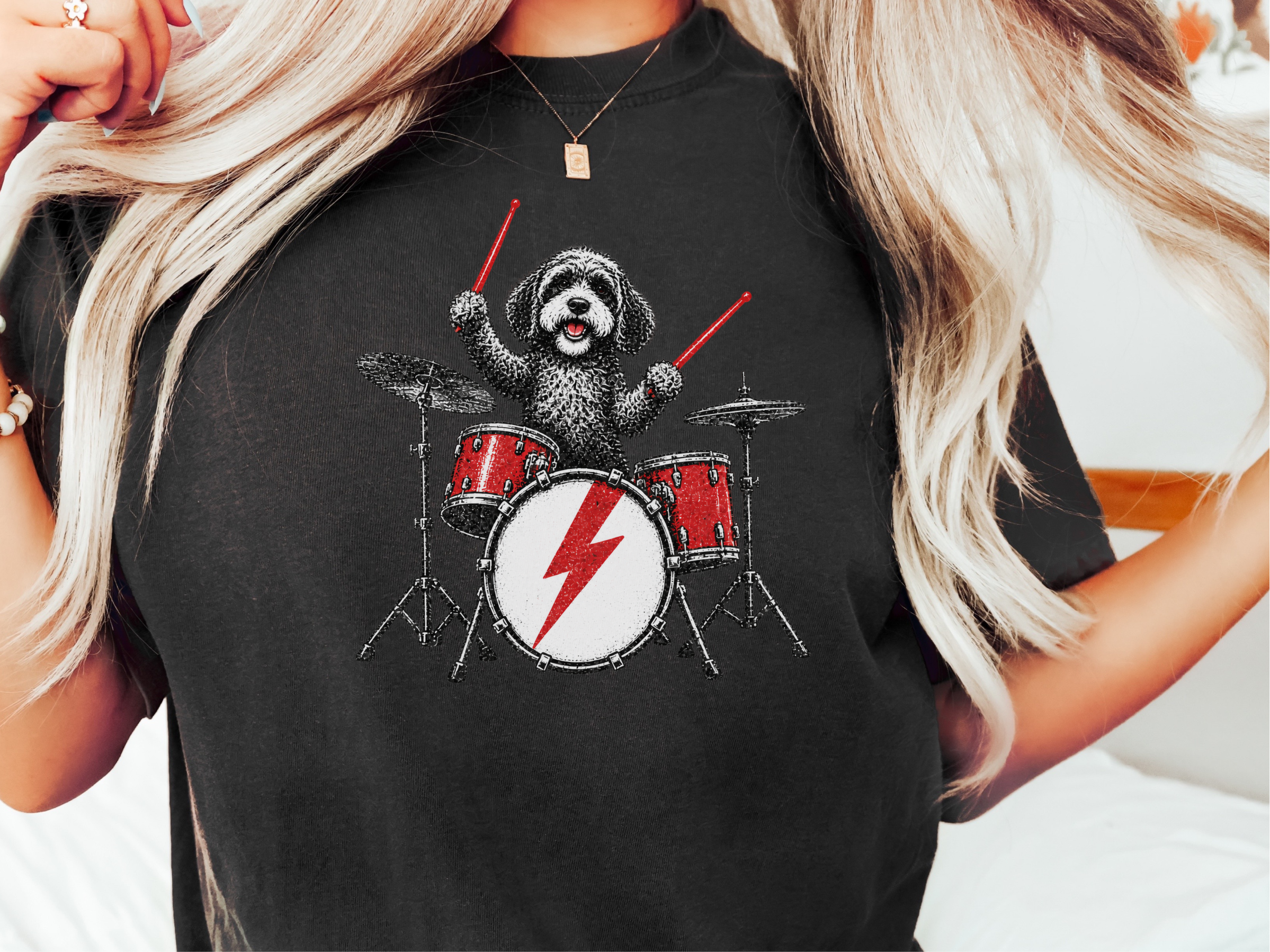 Rocking Cavapoo Drummer Artwork doodle dog shirt - photo 2