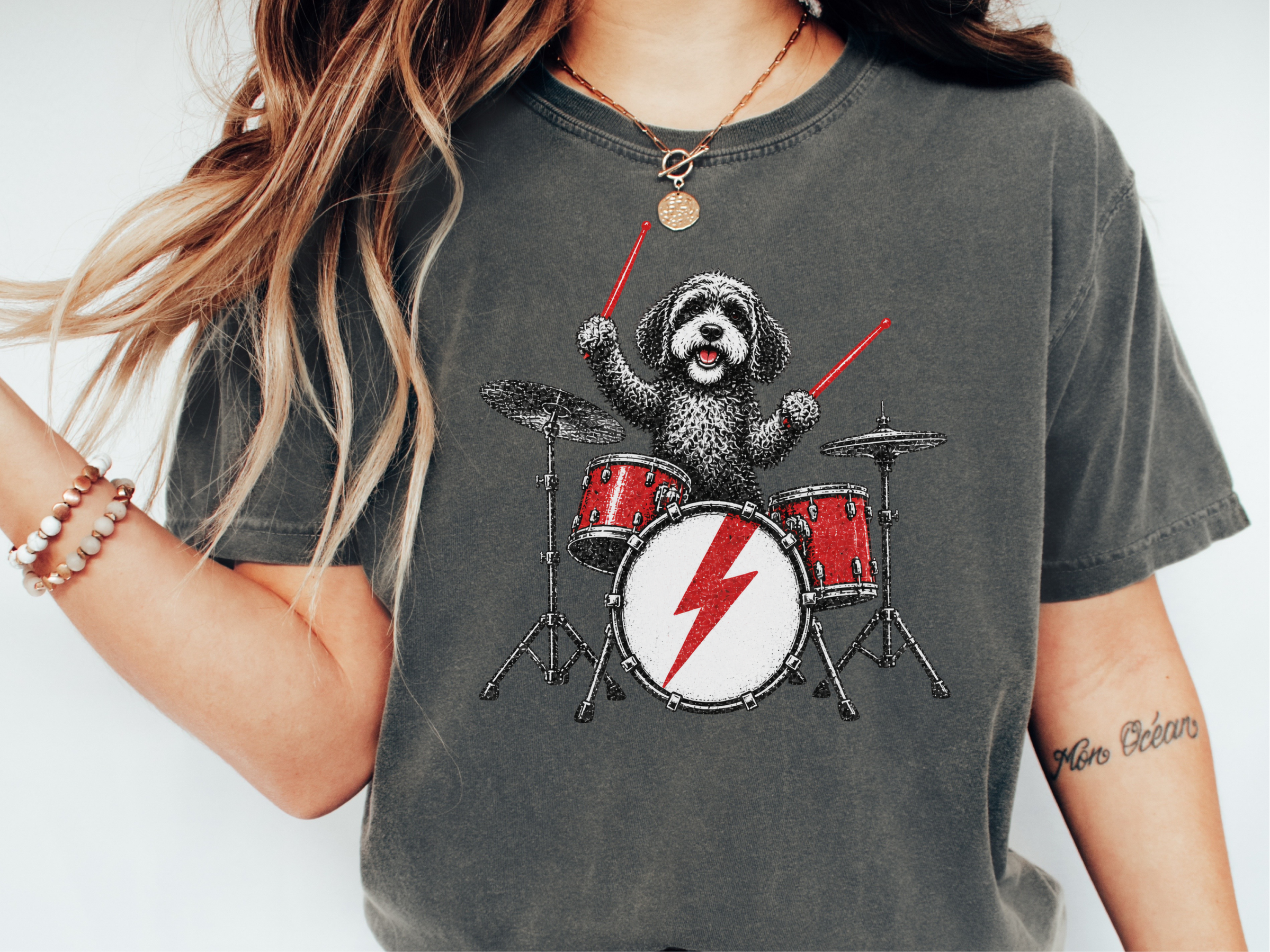 Rocking Cavapoo Drummer Artwork doodle dog shirt - photo 3