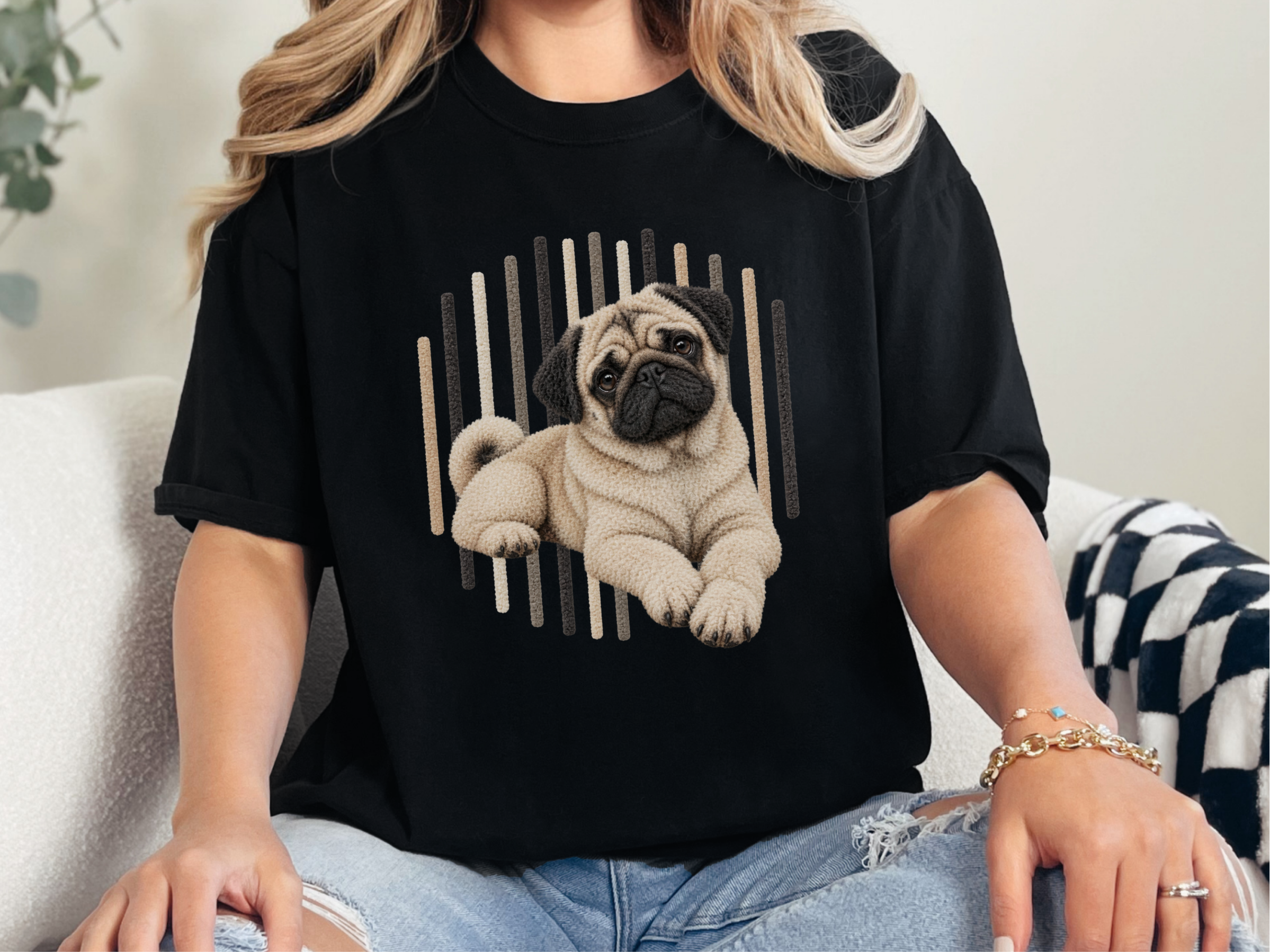 Photorealistic Pug Dog Stripes doodle dog shirt - photo 2
