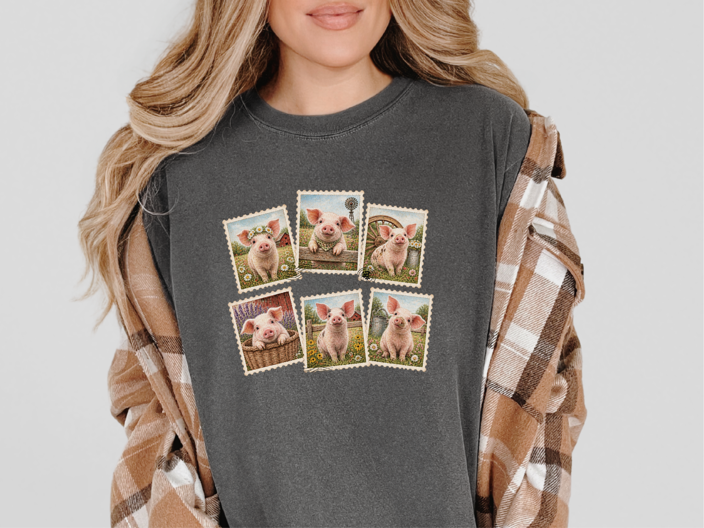 Cute Farm Pig Postage Stamps funny shirt - photo 6