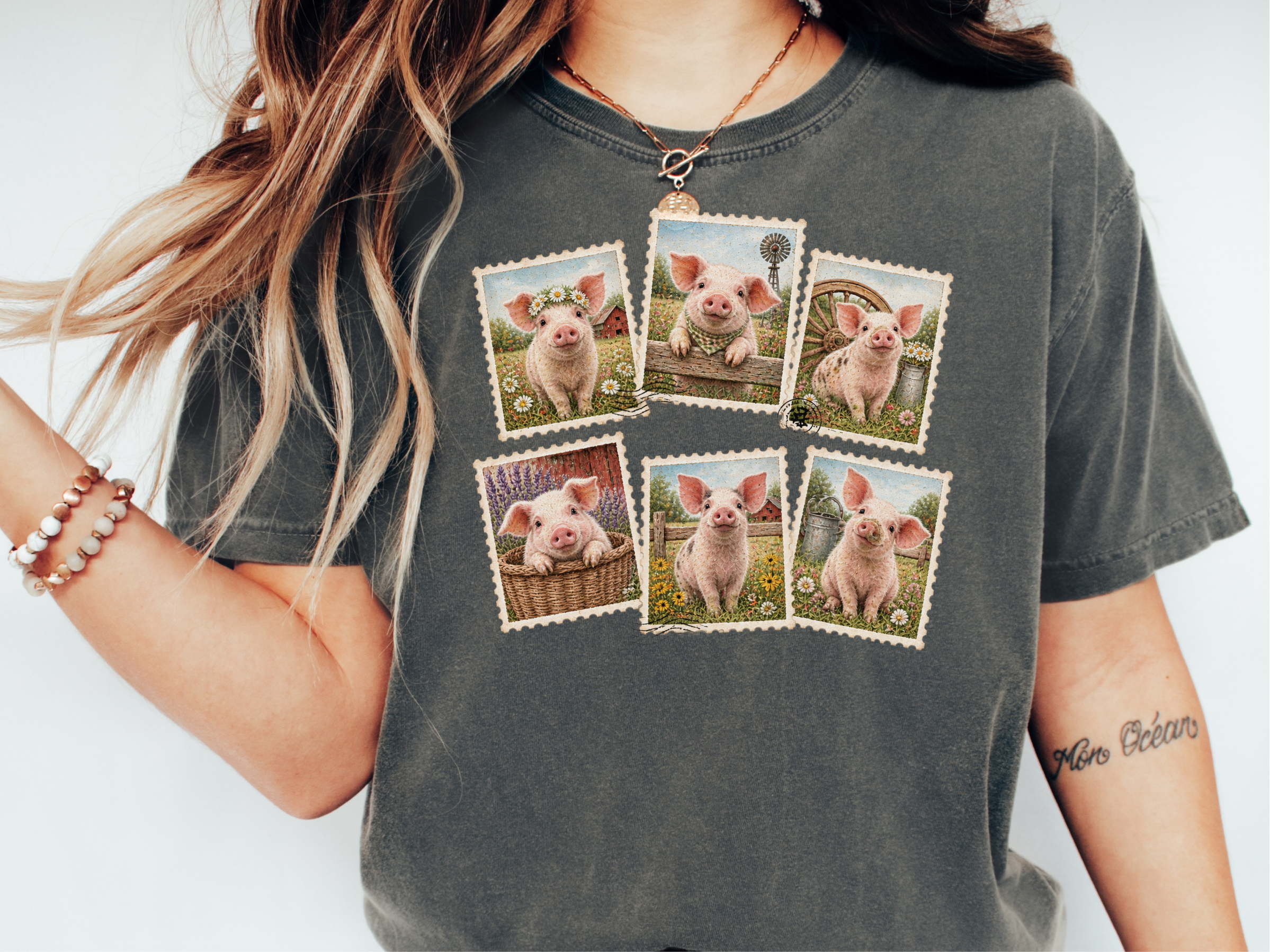 Cute Farm Pig Postage Stamps funny shirt - photo 2