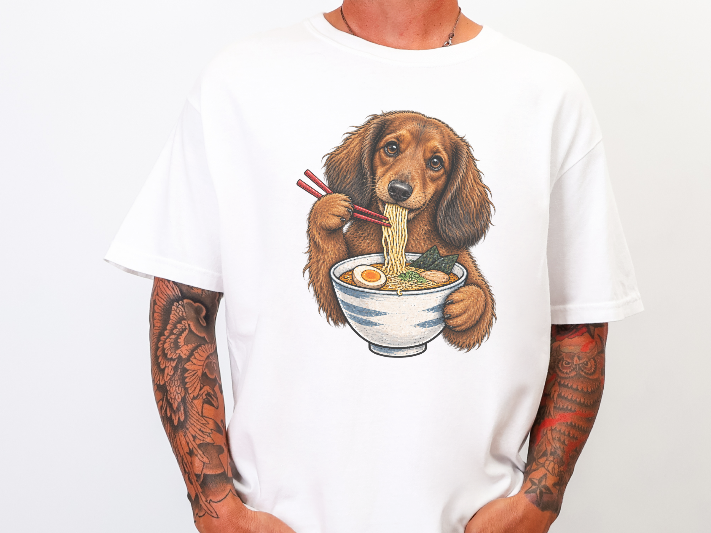 Dachshund Eating Ramen Bowl doodle dog shirt - photo 3