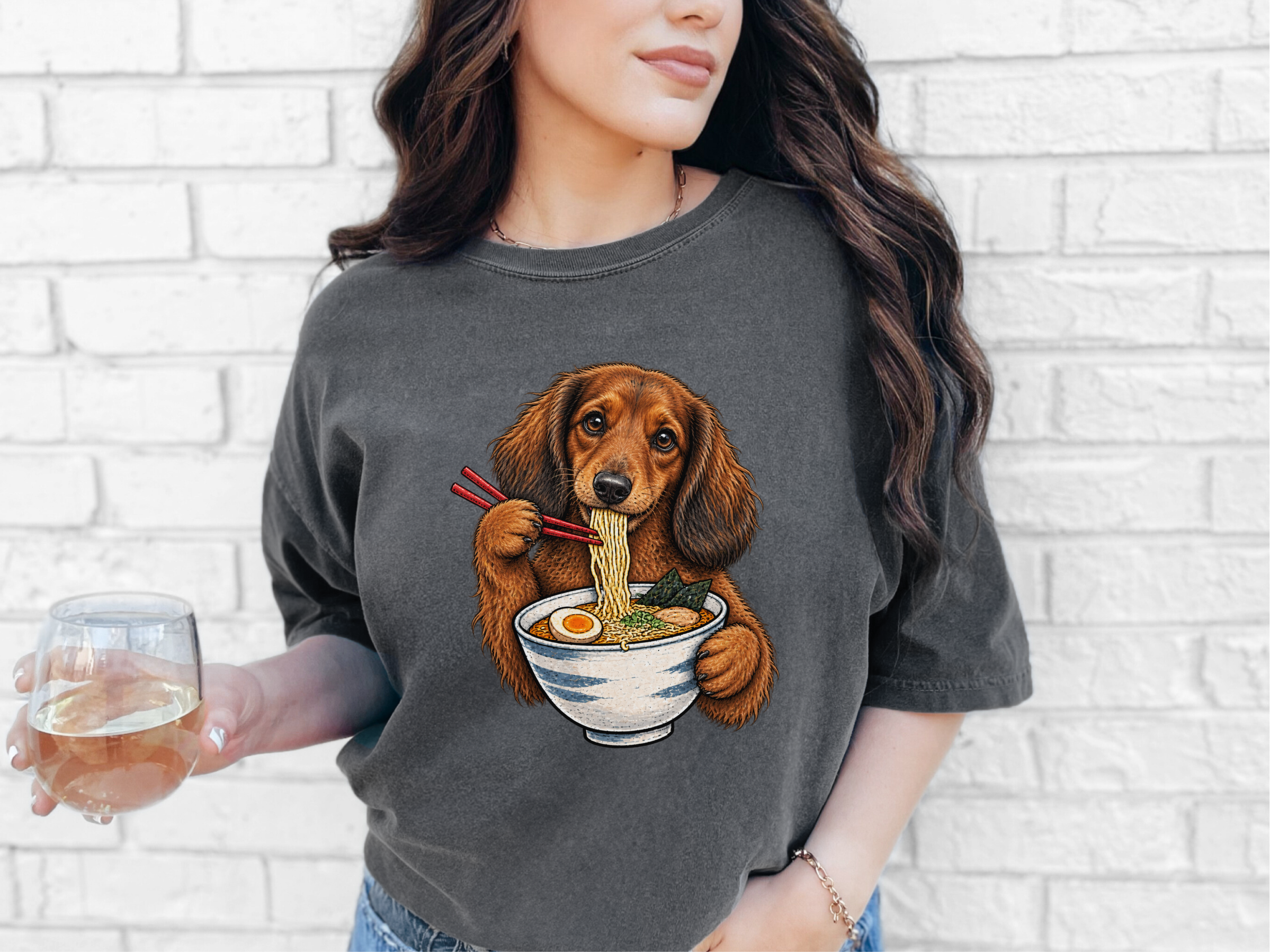 Dachshund Eating Ramen Bowl doodle dog shirt - photo 5