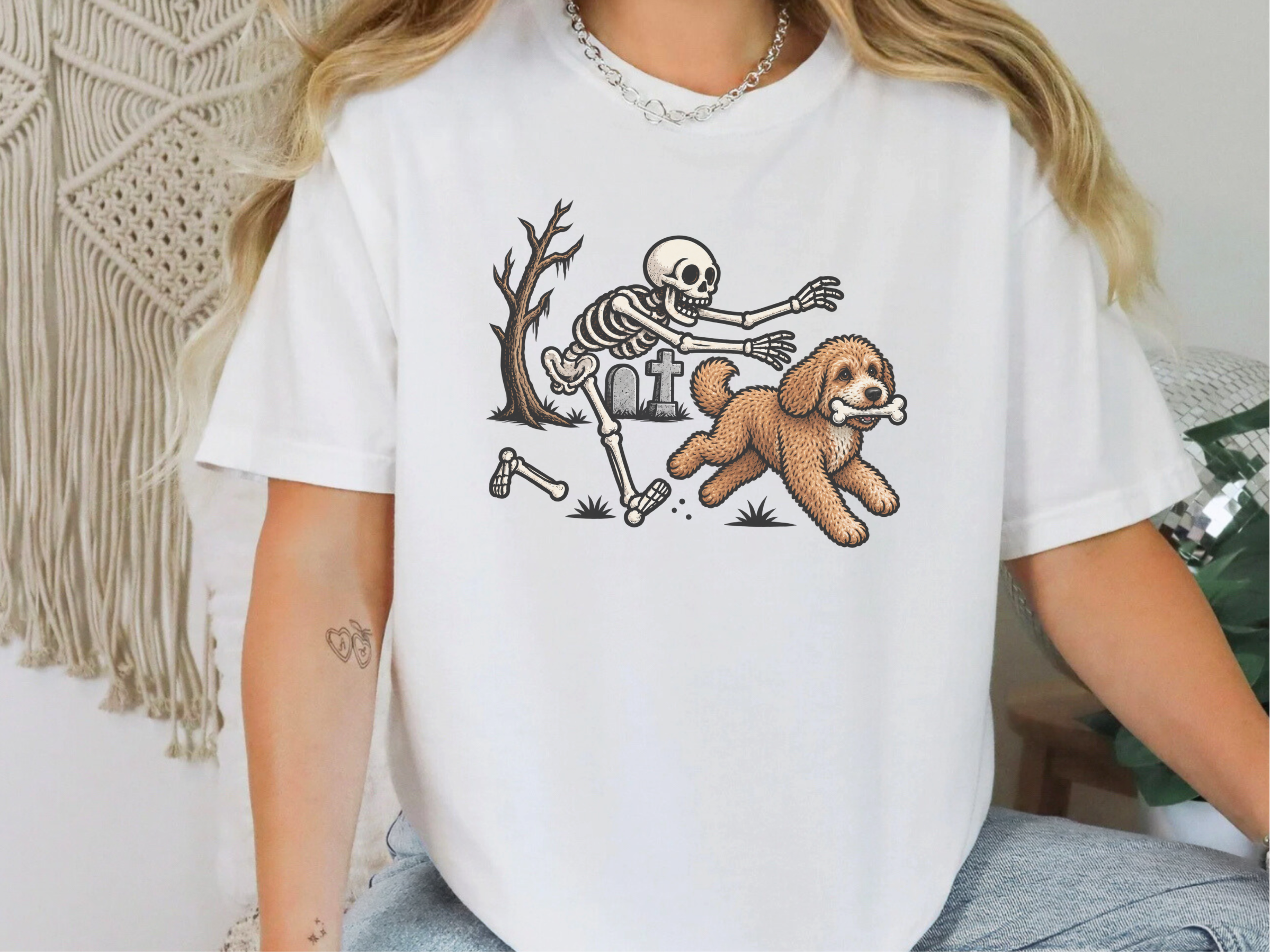 Cavapoo Skeleton Bone Chase doodle dog shirt - photo 3