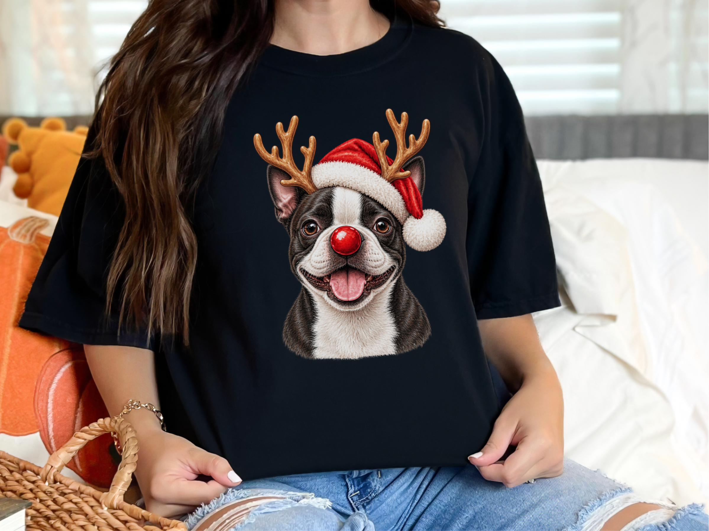 Christmas Boston Terrier Reindeer Antlers doodle dog shirt - photo 3