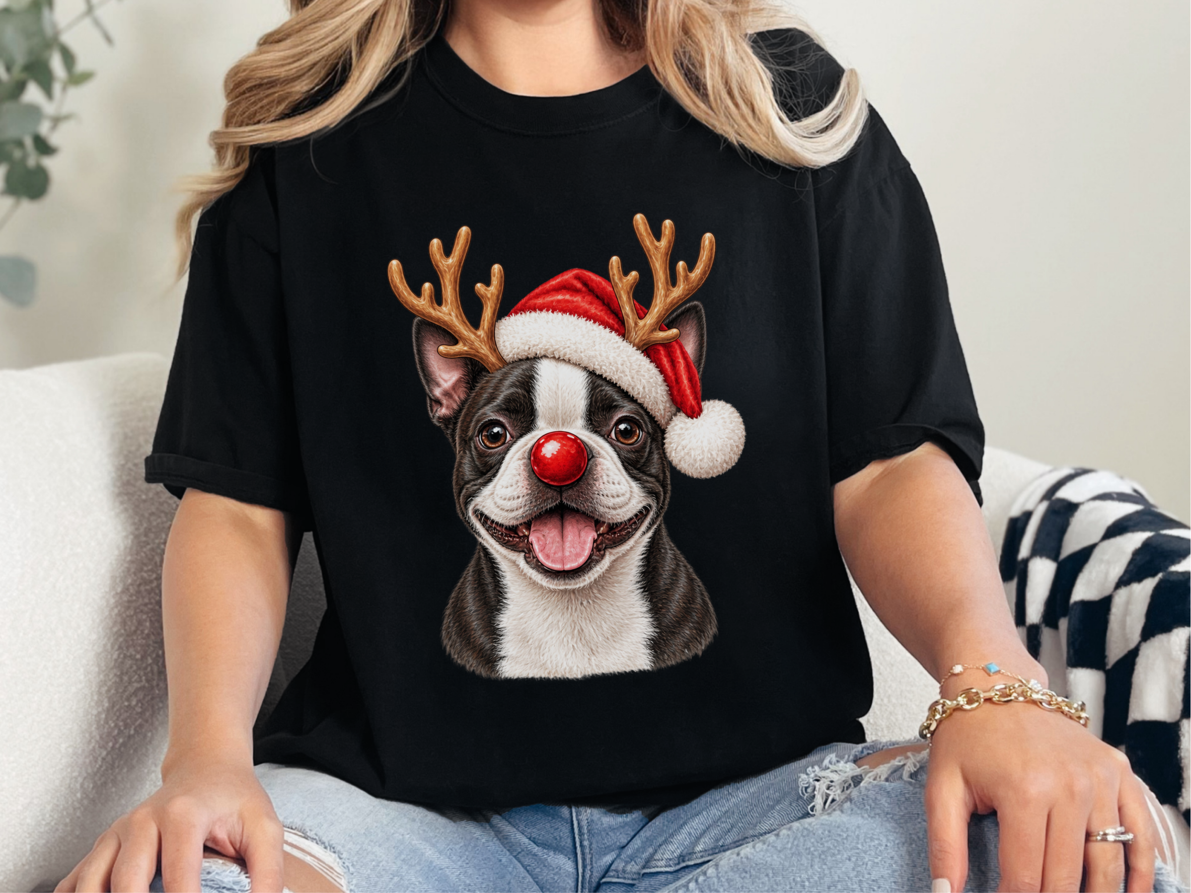 Christmas Boston Terrier Reindeer Antlers doodle dog shirt - photo 2