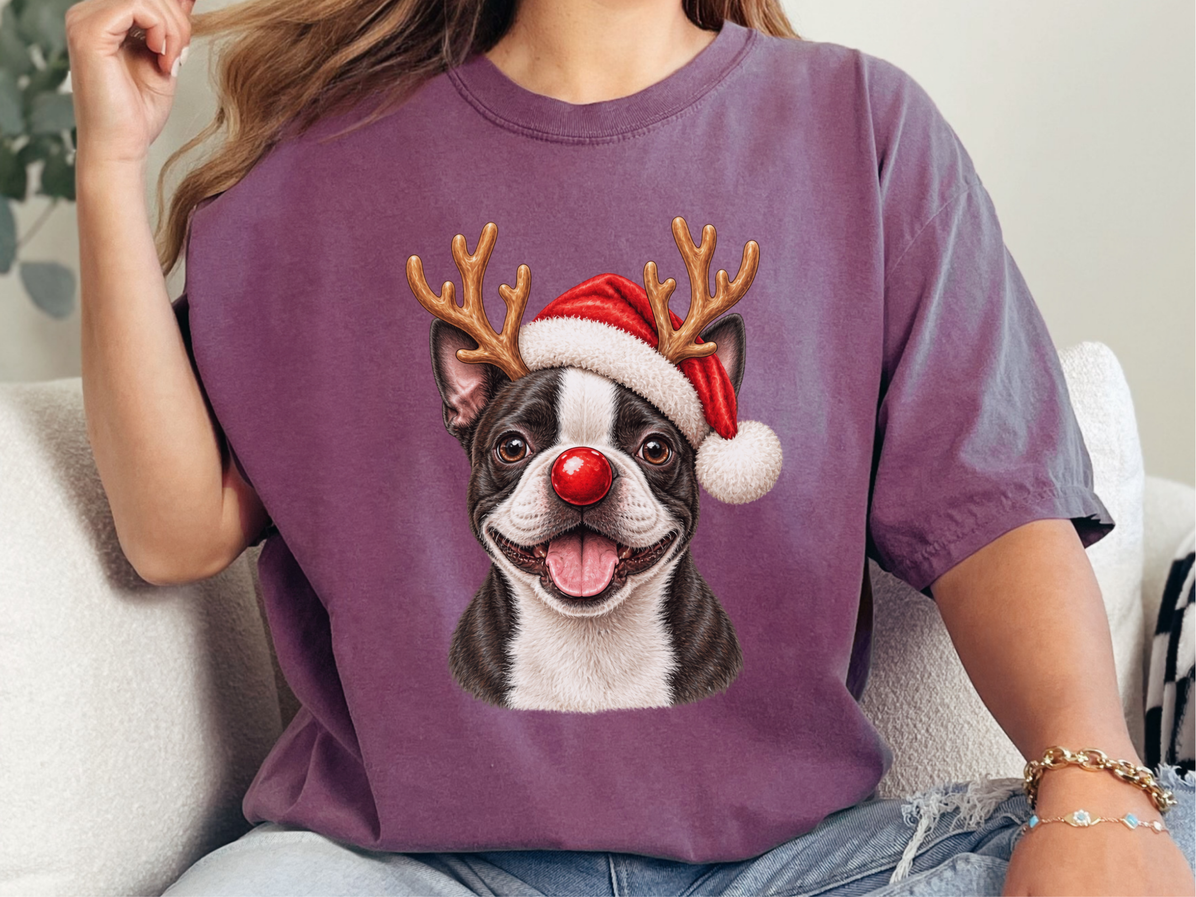 Christmas Boston Terrier Reindeer Antlers doodle dog shirt - photo 5