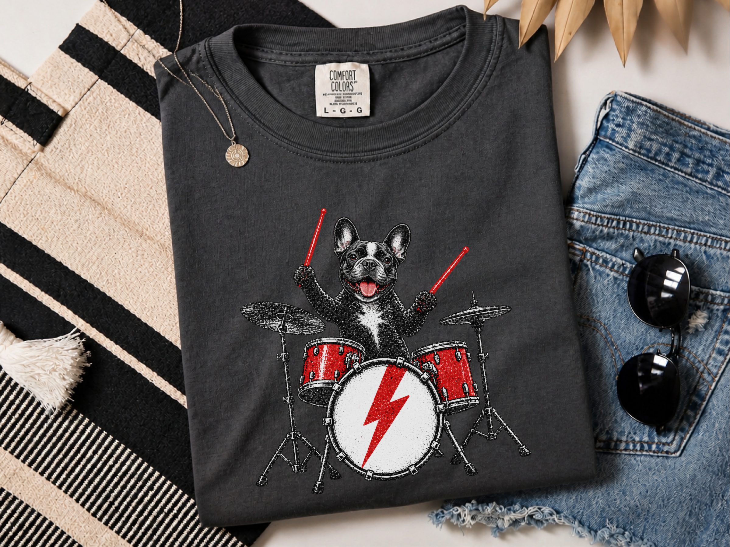 French Bulldog Rocker Drummer doodle dog shirt - photo 2