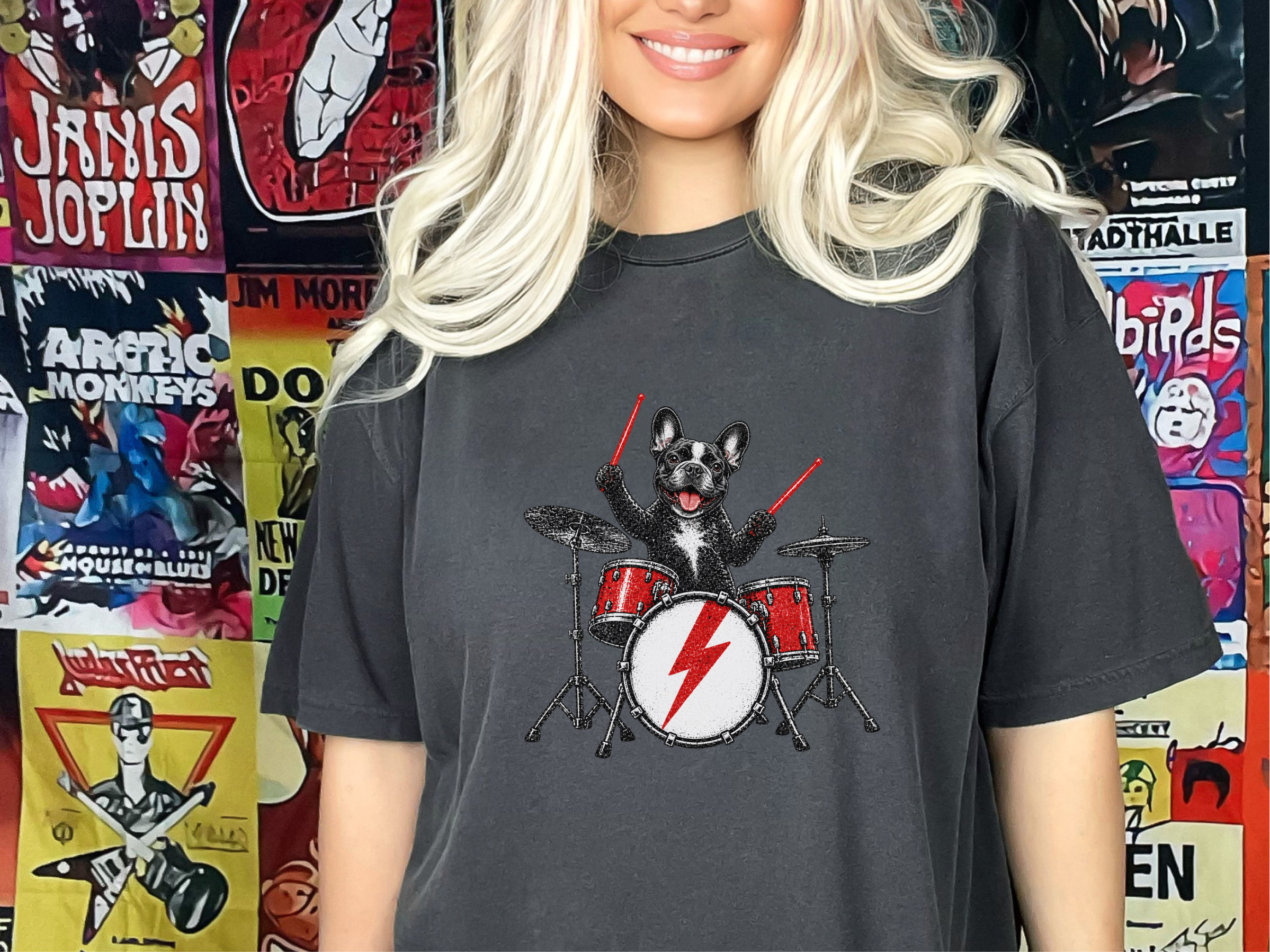 French Bulldog Rocker Drummer doodle dog shirt - photo 3