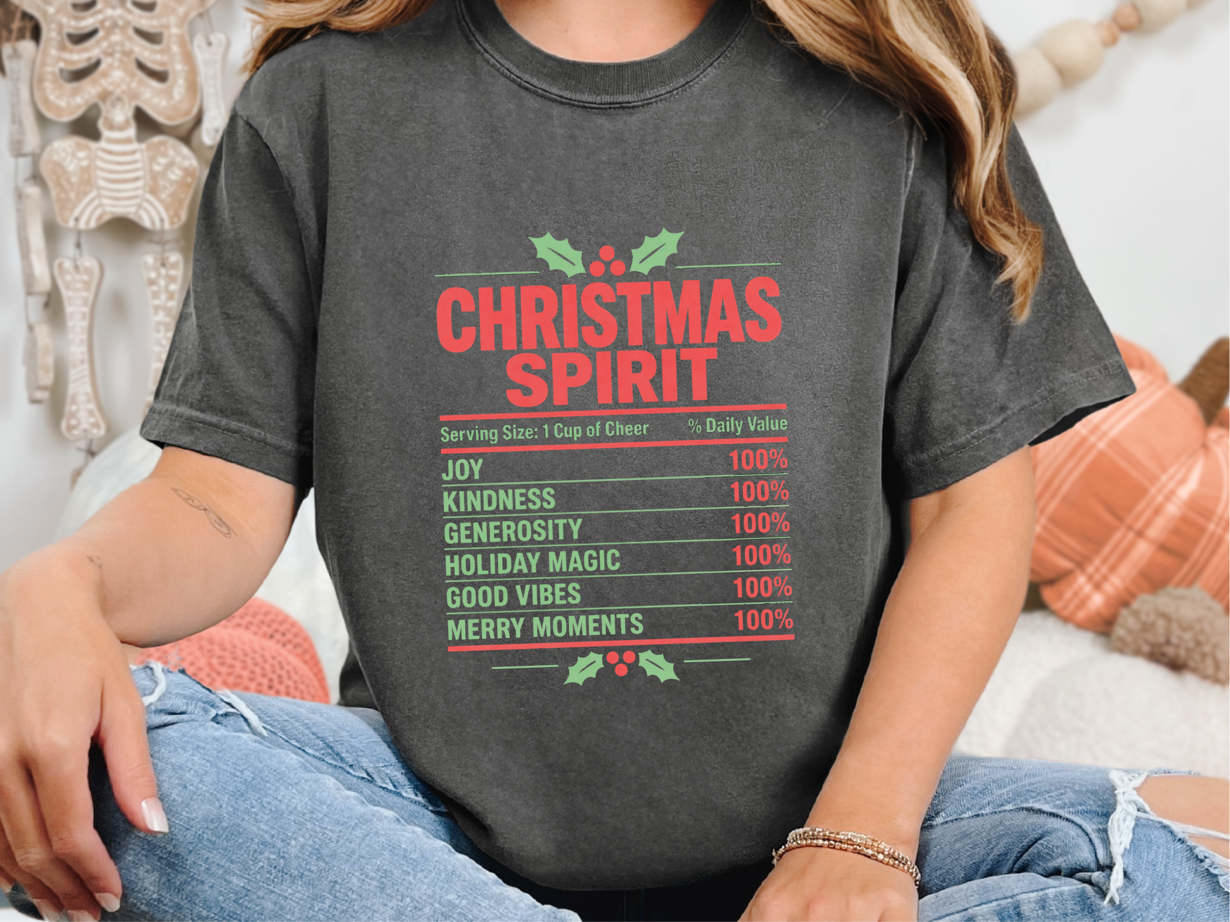 Christmas Spirit Nutrition Facts Label Funny Family Christmas Tee