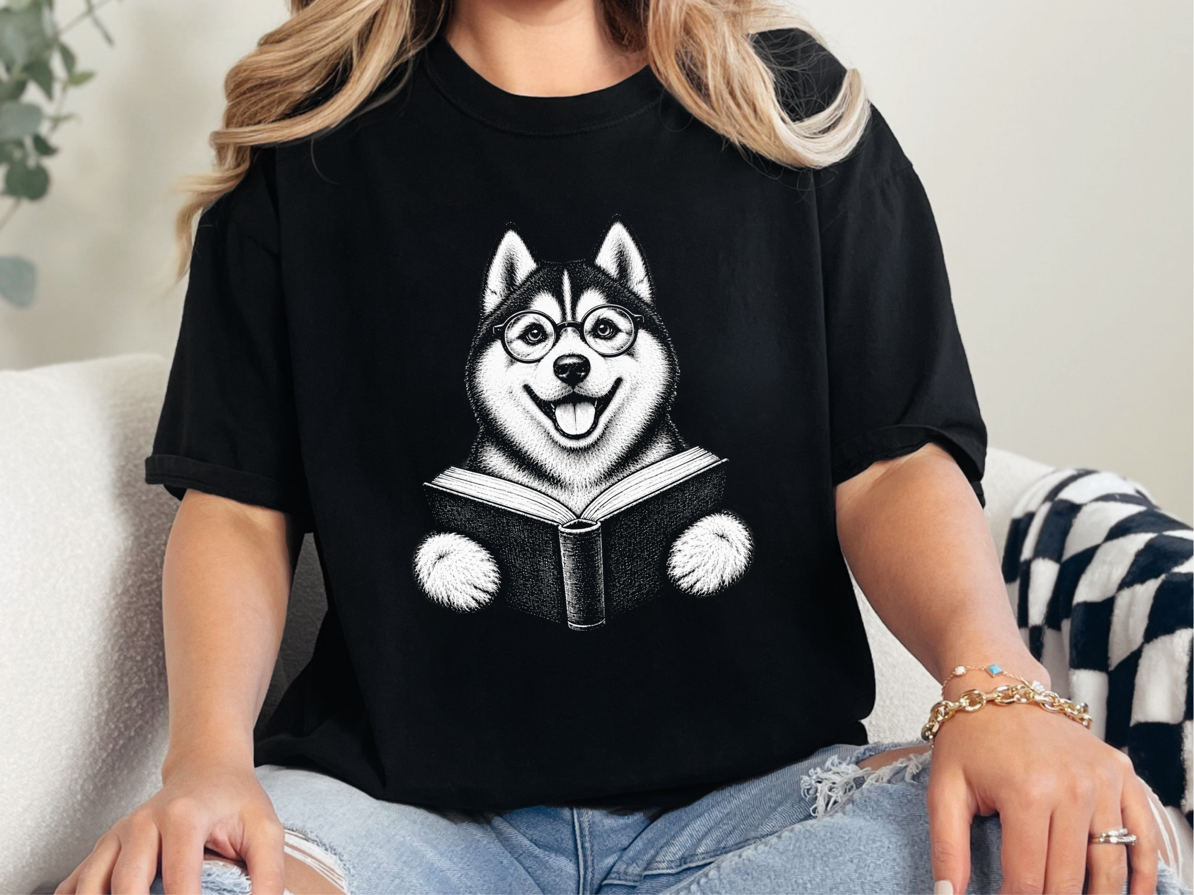 Husky Reading A Book doodle dog shirt - photo 2