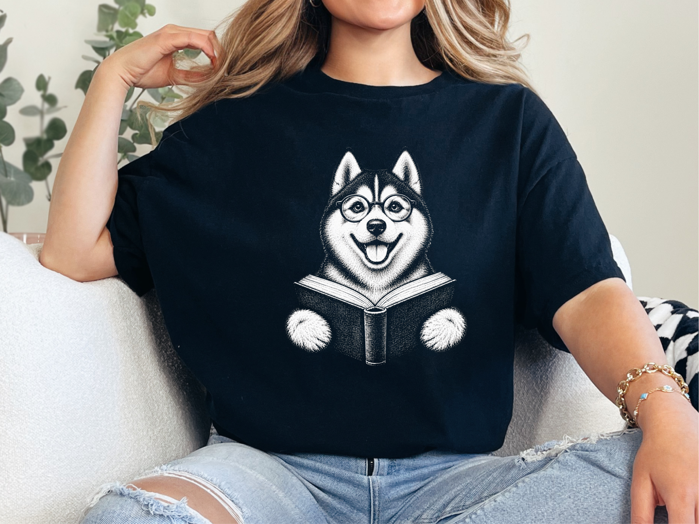 Husky Reading A Book Shirt: Bookish Dog Tee & Husky Dog Gift