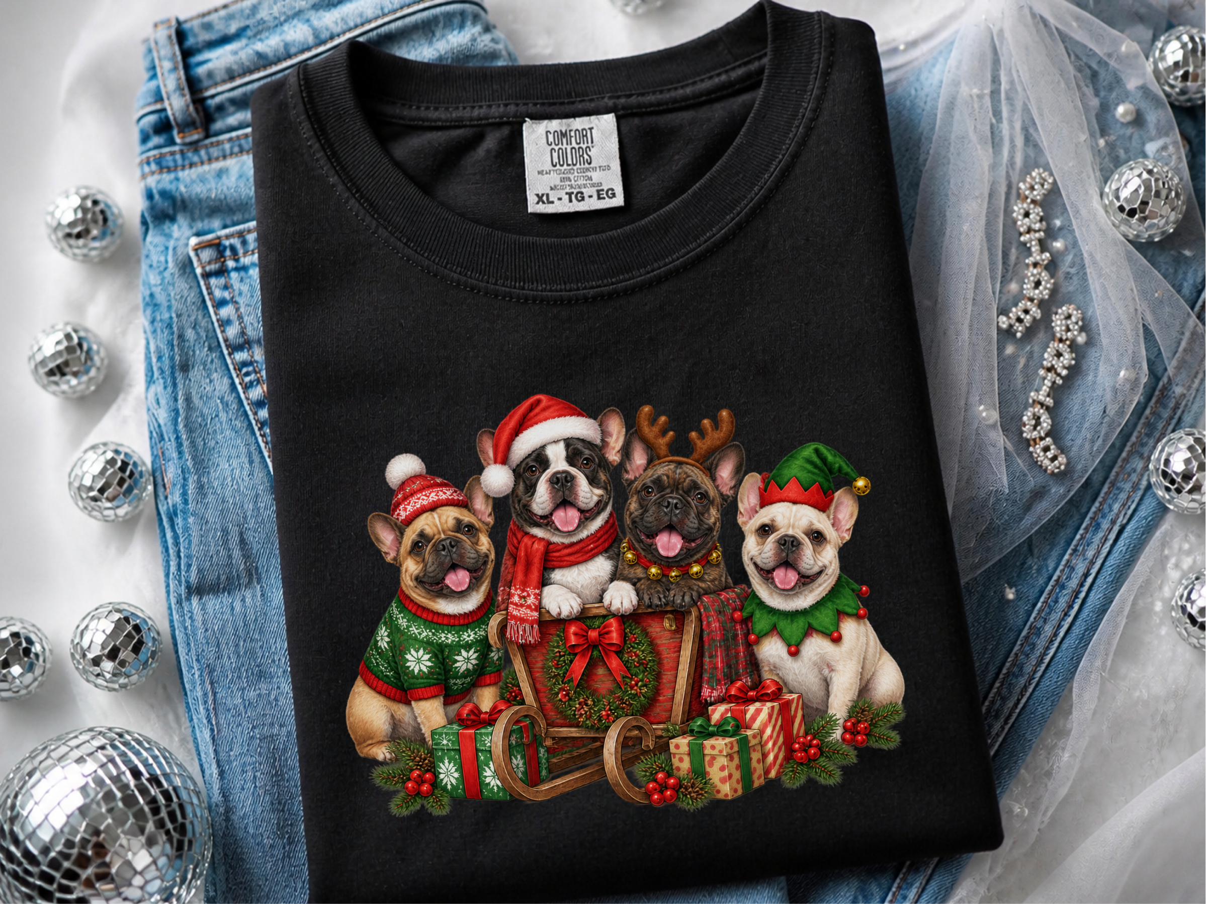 Christmas French Bulldogs Wooden Sleigh