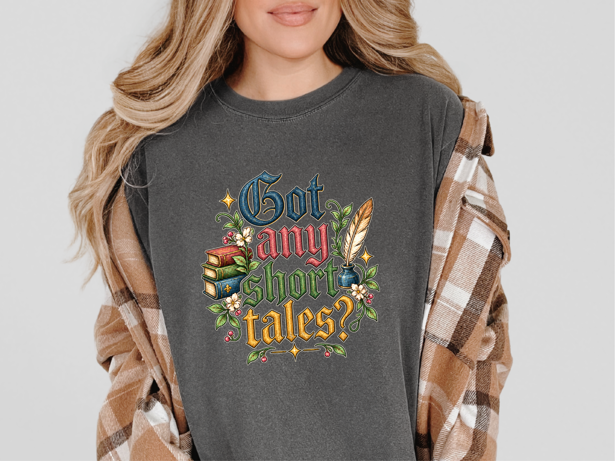 Gothic Lettering Stacked Books Quill funny shirt - photo 4