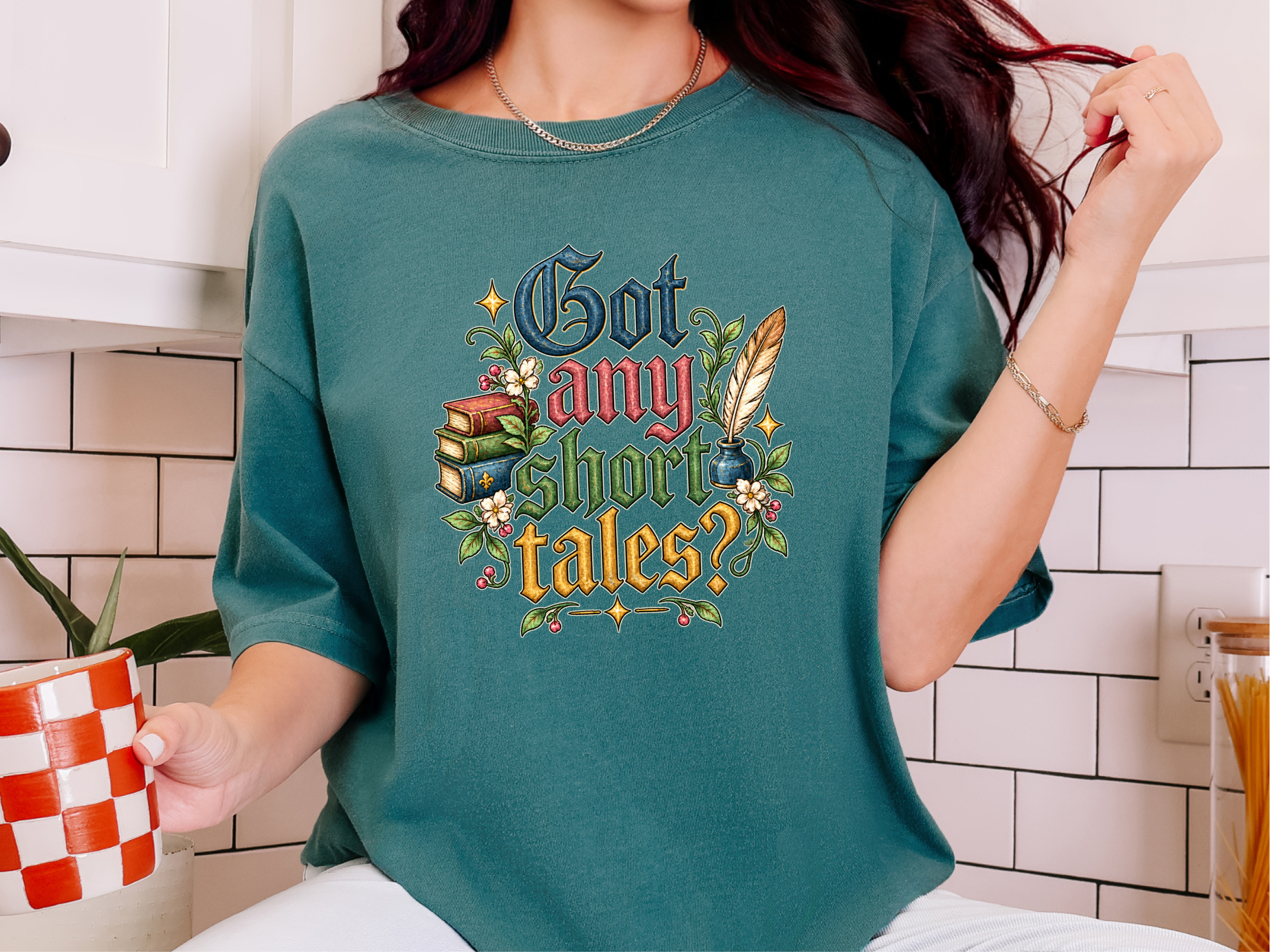 Gothic Lettering Stacked Books Quill funny shirt - photo 7