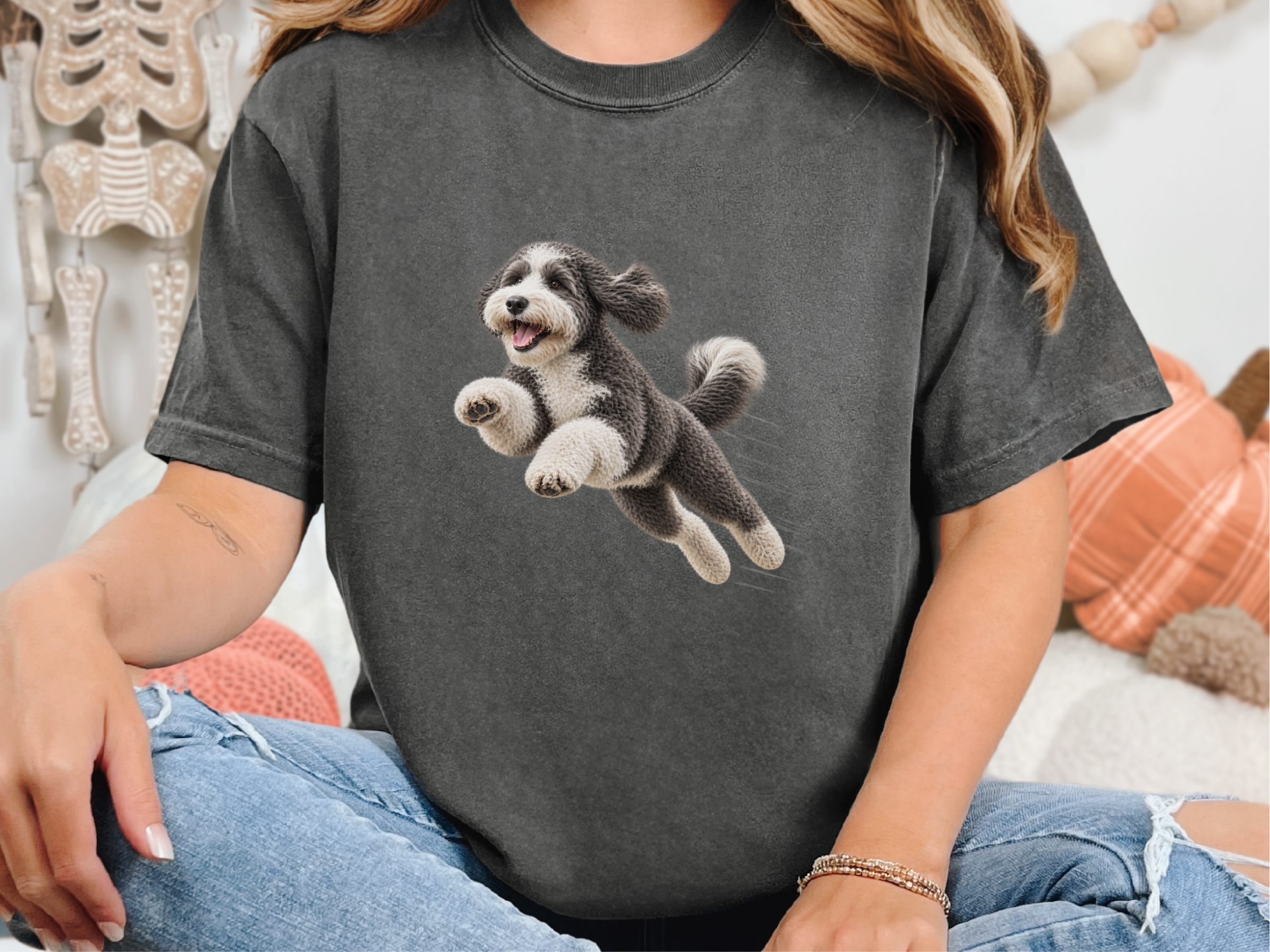 Jumping Sheepadoodle Speed Lines doodle dog shirt - photo 3