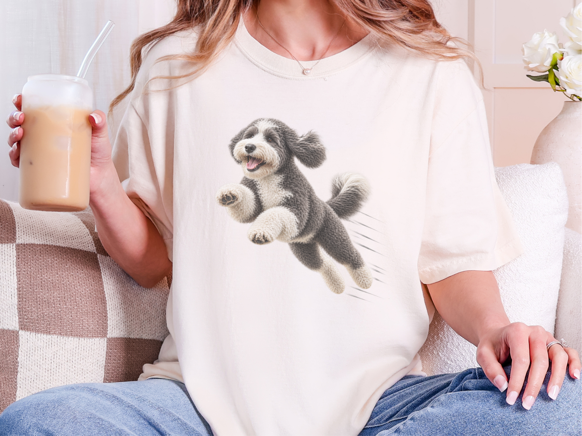 Jumping Sheepadoodle Speed Lines doodle dog shirt - photo 8