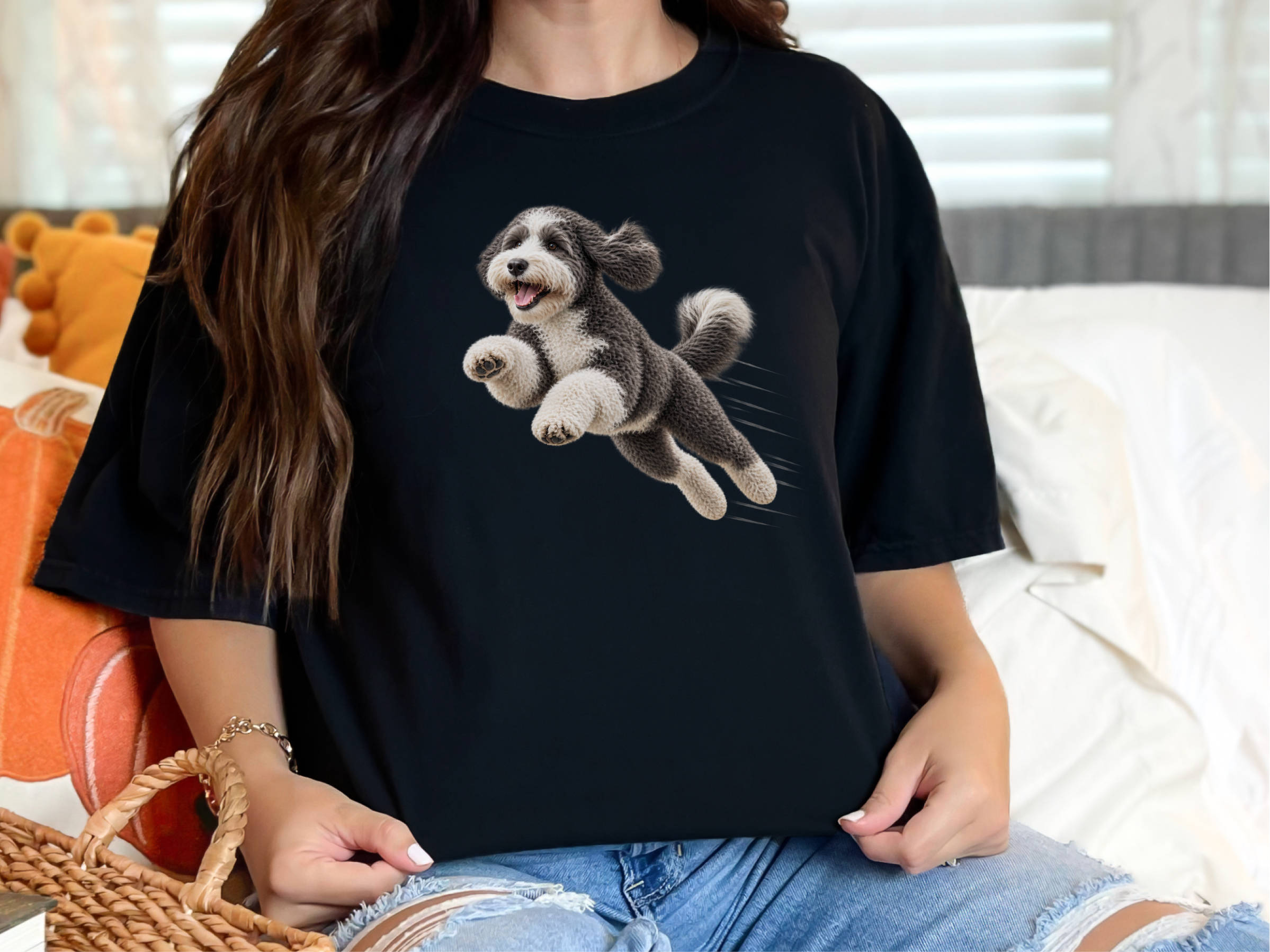 Jumping Sheepadoodle Speed Lines doodle dog shirt - photo 1